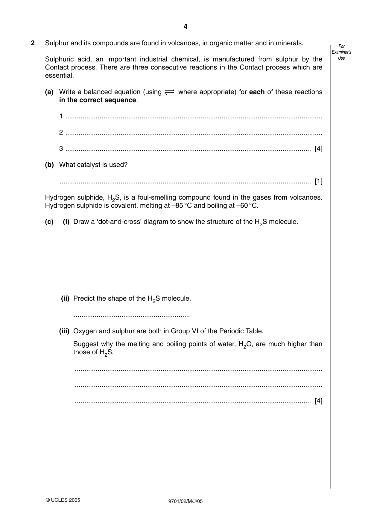 Cambridge A Level Chemistry 9701 2005 May/June Paper 2 · Variant 1 question paper, page 4 of 12