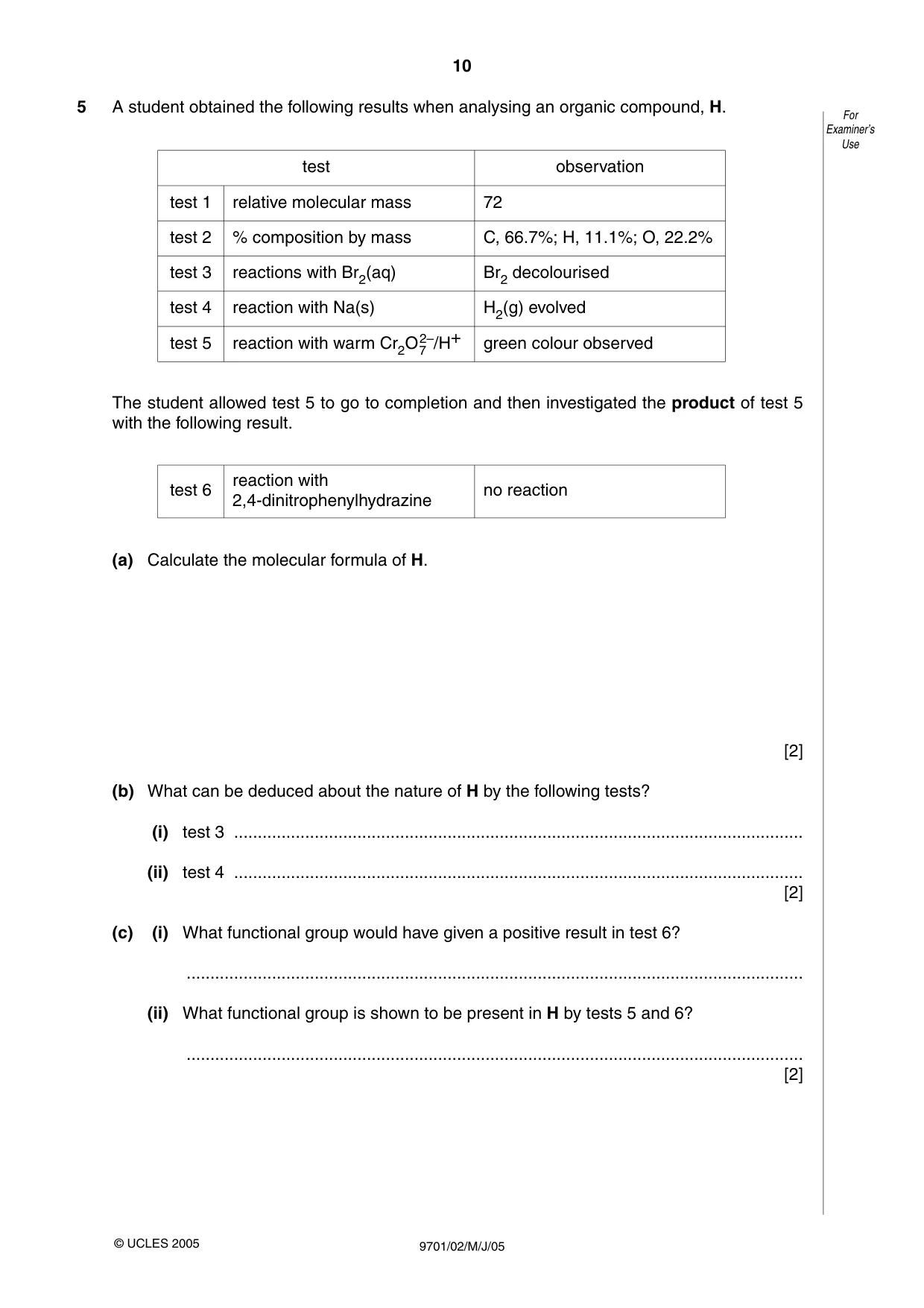 Cambridge A Level Chemistry 9701 2005 May/June Paper 2 · Variant 1 question paper, page 10 of 12
