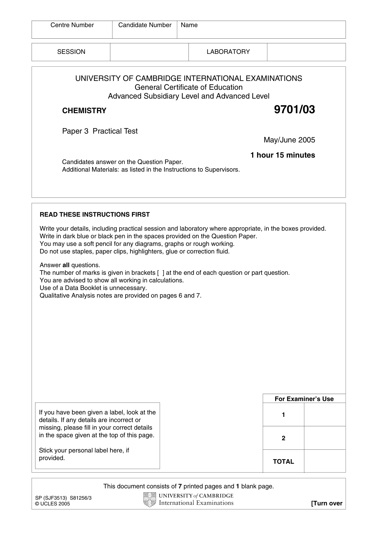 Cambridge A Level Chemistry 9701 2005 May/June Paper 3 · Variant 1 question paper, page 1 of 8