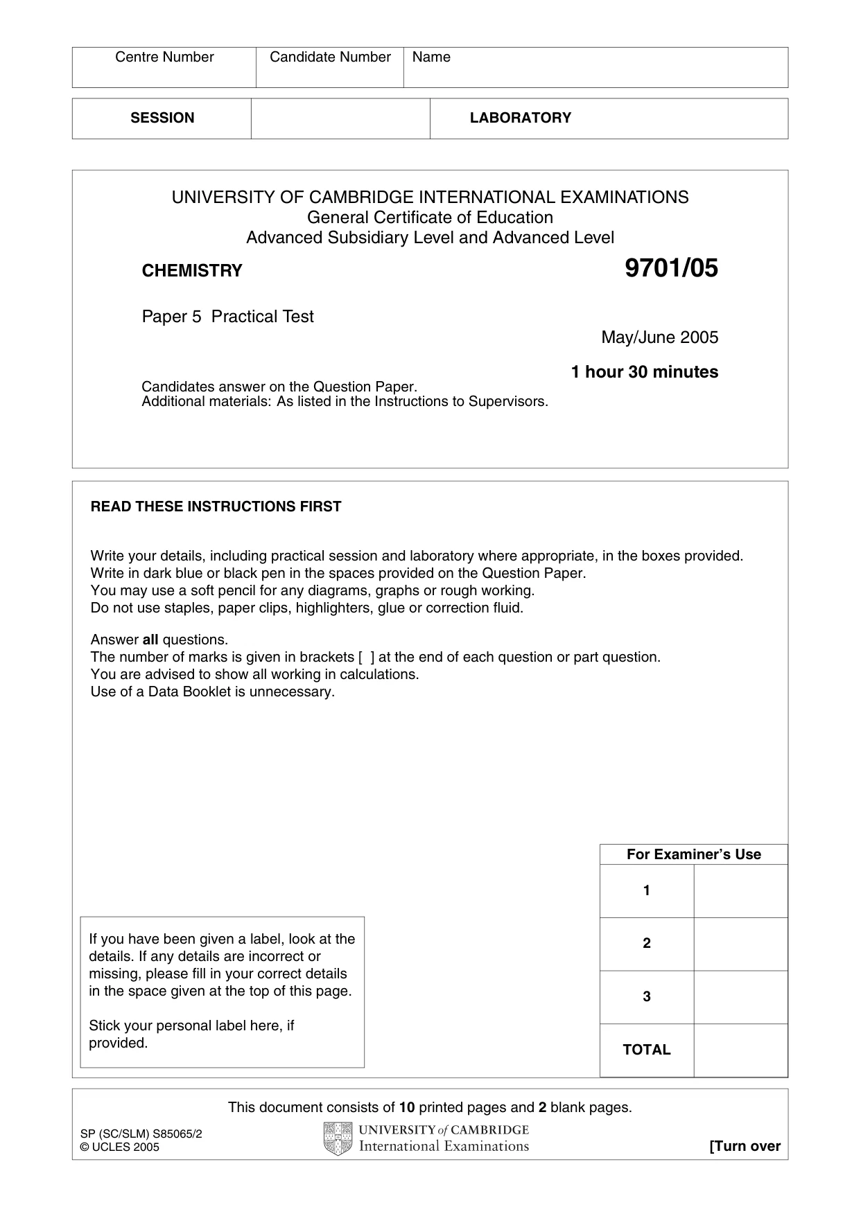 Cambridge A Level Chemistry 9701 2005 May/June Paper 5 · Variant 1 question paper, page 1 of 12