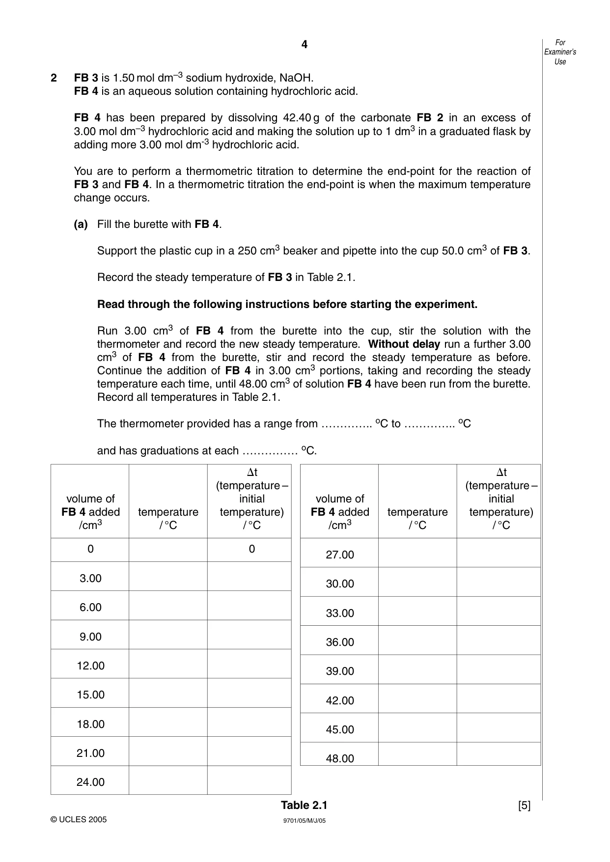 Cambridge A Level Chemistry 9701 2005 May/June Paper 5 · Variant 1 question paper, page 4 of 12
