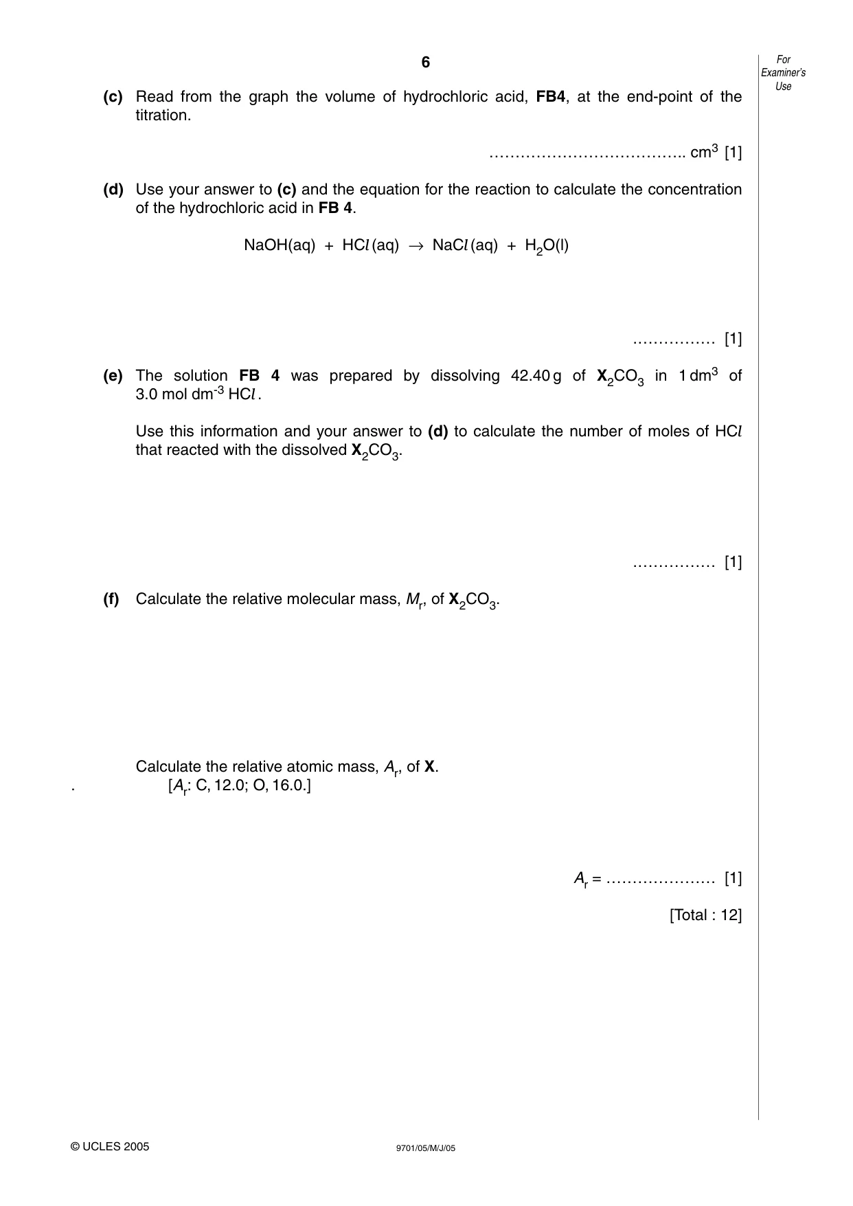 Cambridge A Level Chemistry 9701 2005 May/June Paper 5 · Variant 1 question paper, page 6 of 12