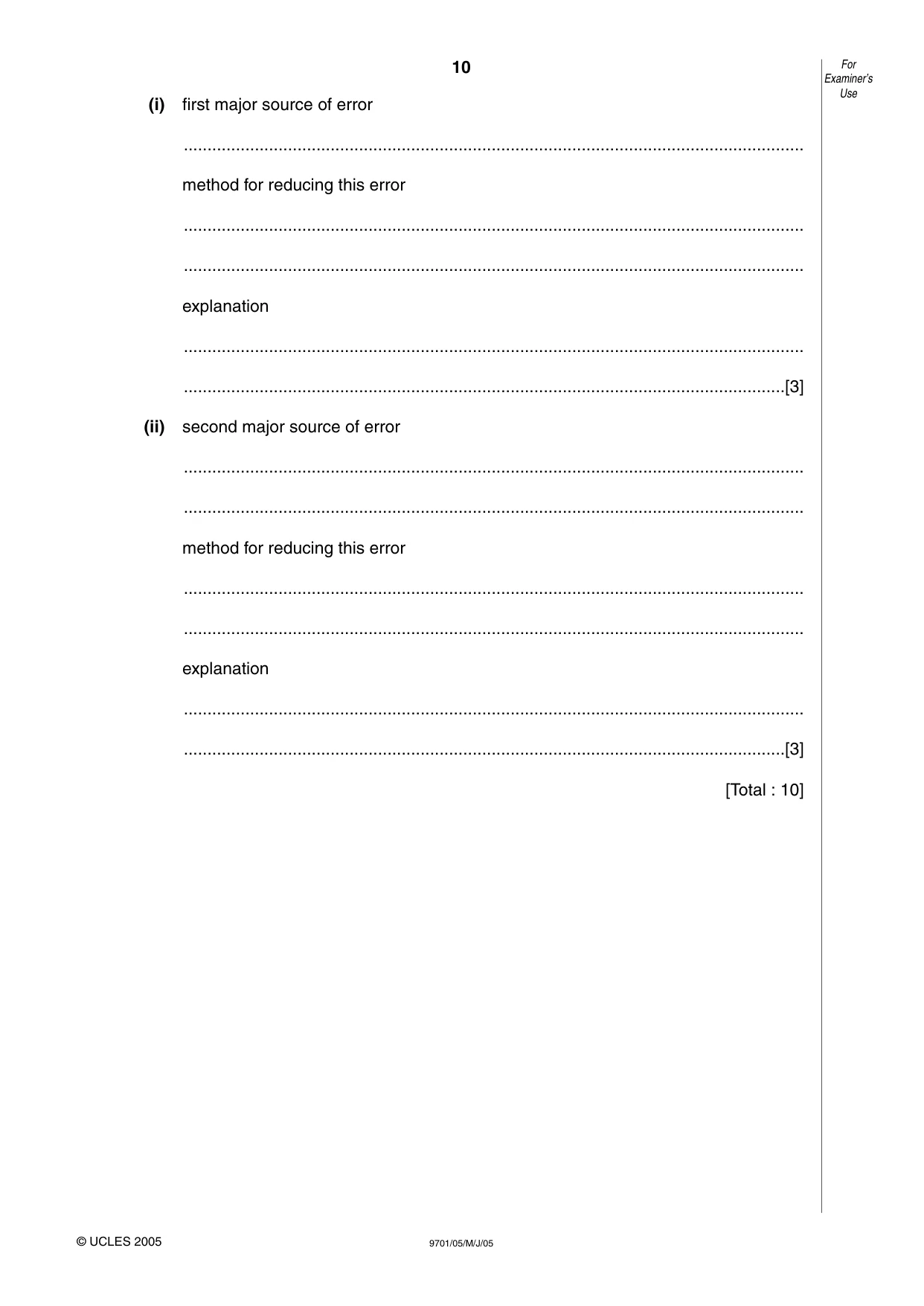 Cambridge A Level Chemistry 9701 2005 May/June Paper 5 · Variant 1 question paper, page 10 of 12