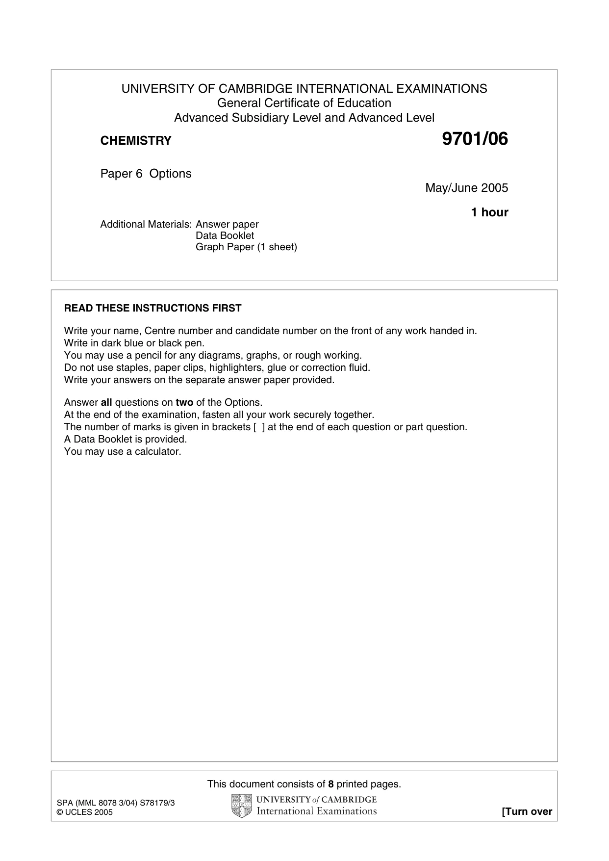 Cambridge A Level Chemistry 9701 2005 May/June Paper 6 · Variant 1 question paper, page 1 of 8