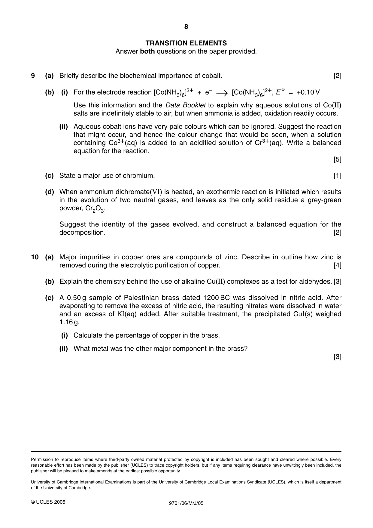 Cambridge A Level Chemistry 9701 2005 May/June Paper 6 · Variant 1 question paper, page 8 of 8