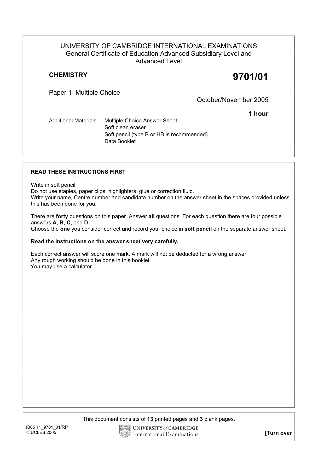 Cambridge A Level Chemistry 9701 2005 Oct/Nov Paper 1 · Variant 1 question paper, page 1 of 16