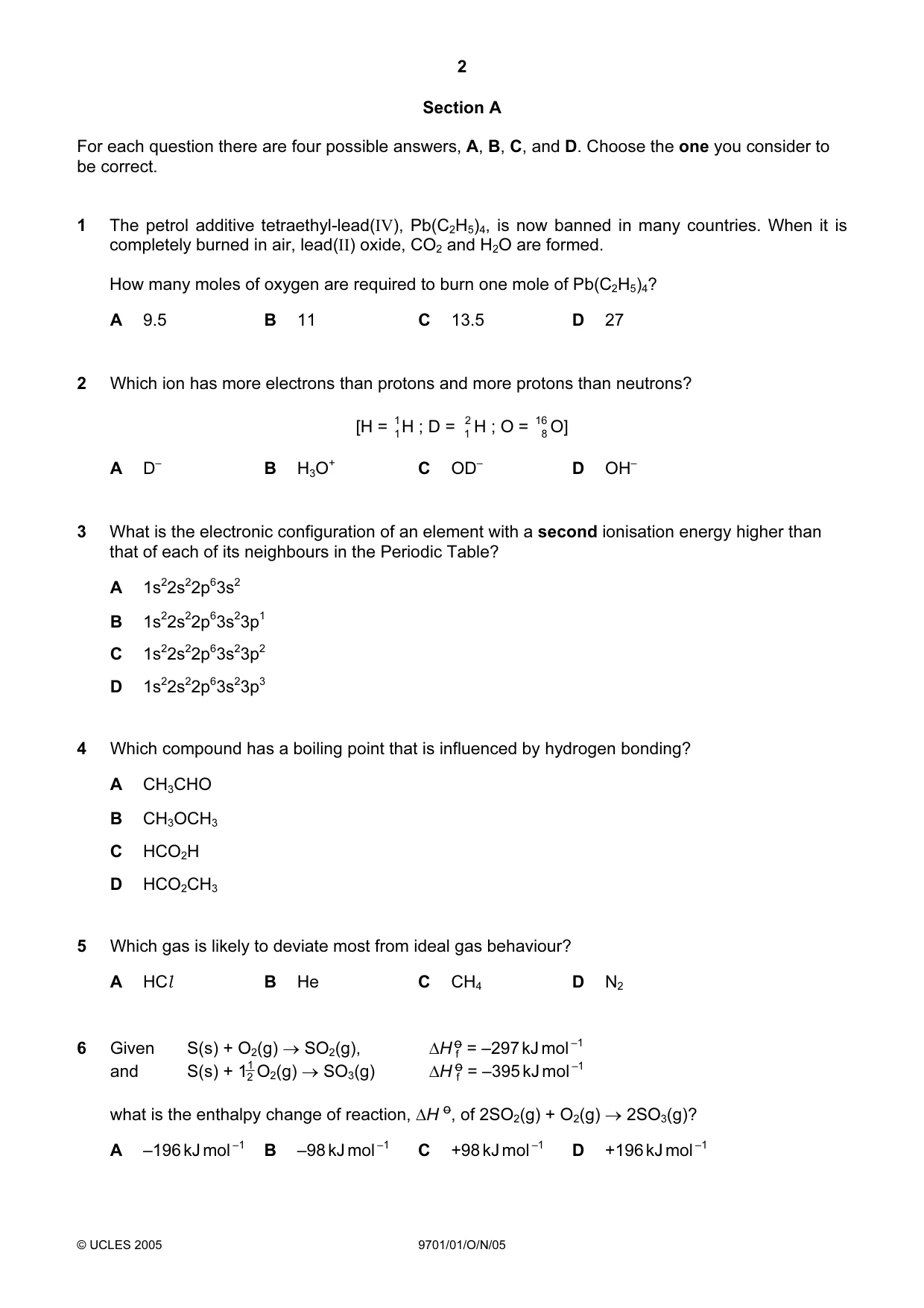 Cambridge A Level Chemistry 9701 2005 Oct/Nov Paper 1 · Variant 1 question paper, page 2 of 16