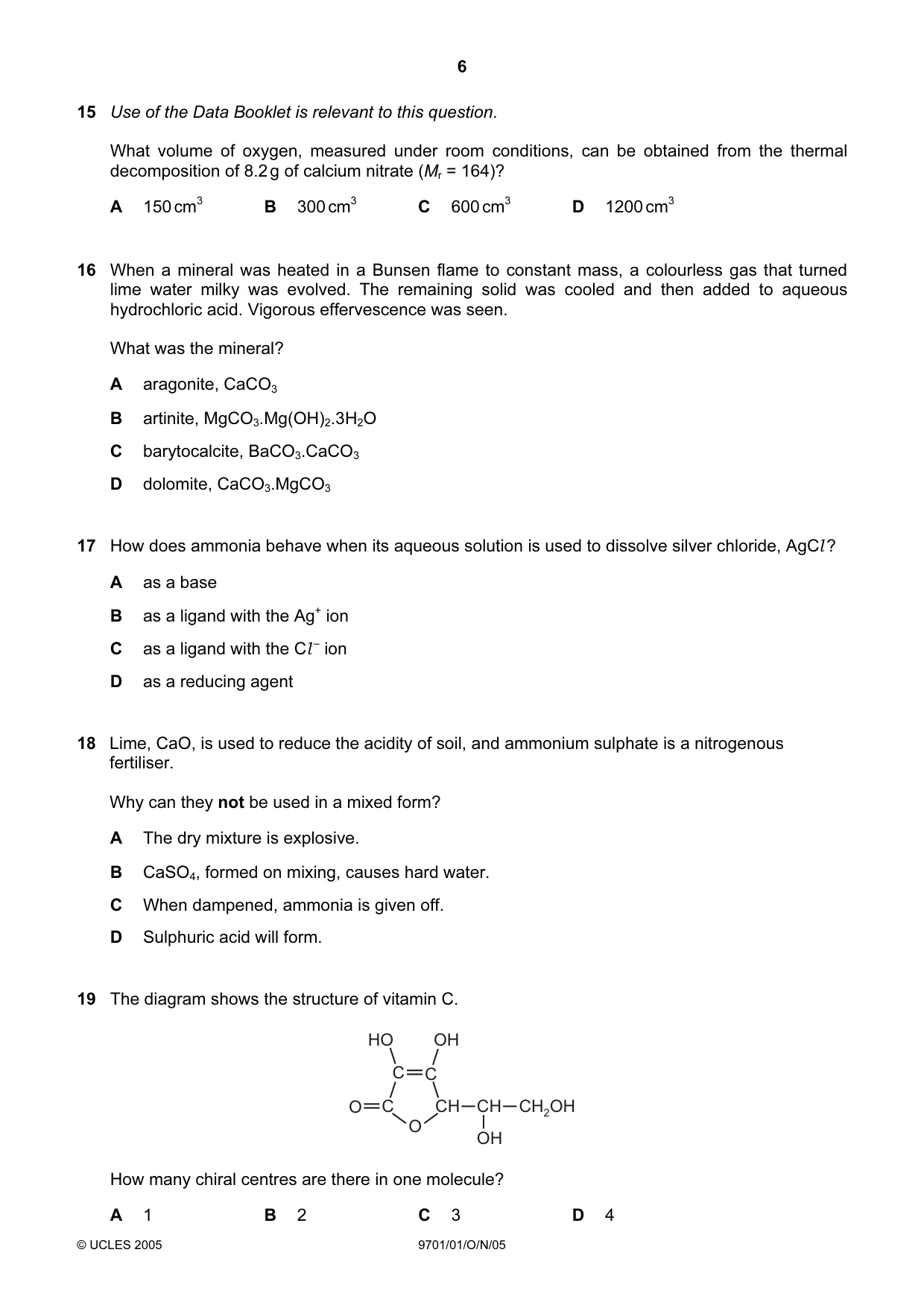 Cambridge A Level Chemistry 9701 2005 Oct/Nov Paper 1 · Variant 1 question paper, page 6 of 16