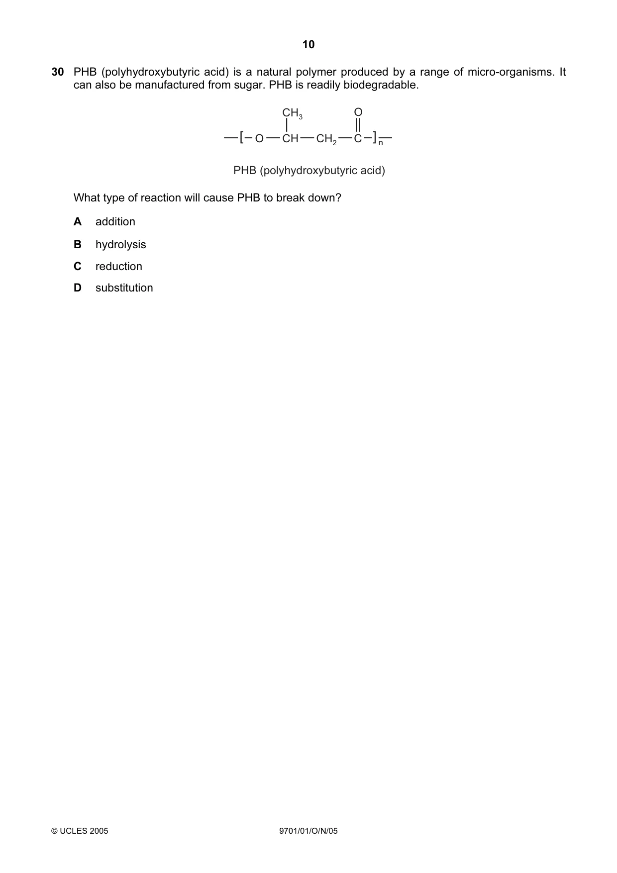 Cambridge A Level Chemistry 9701 2005 Oct/Nov Paper 1 · Variant 1 question paper, page 10 of 16