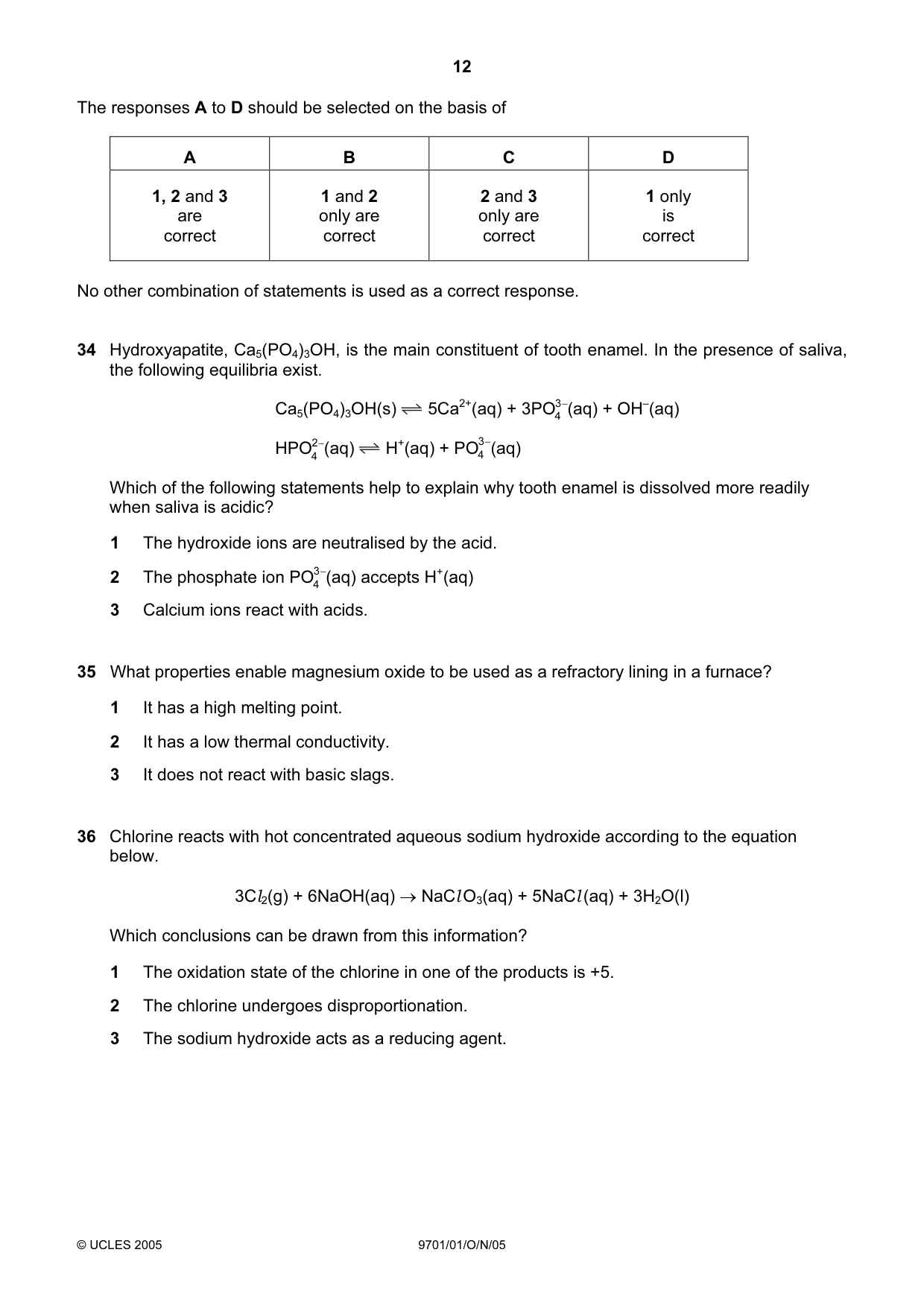 Cambridge A Level Chemistry 9701 2005 Oct/Nov Paper 1 · Variant 1 question paper, page 12 of 16