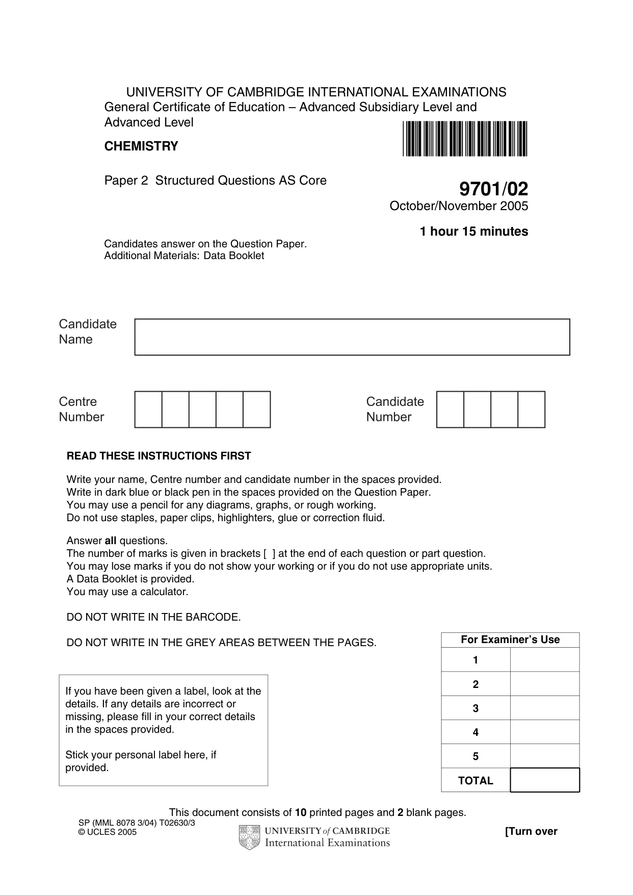 Cambridge A Level Chemistry 9701 2005 Oct/Nov Paper 2 · Variant 1 question paper, page 1 of 12