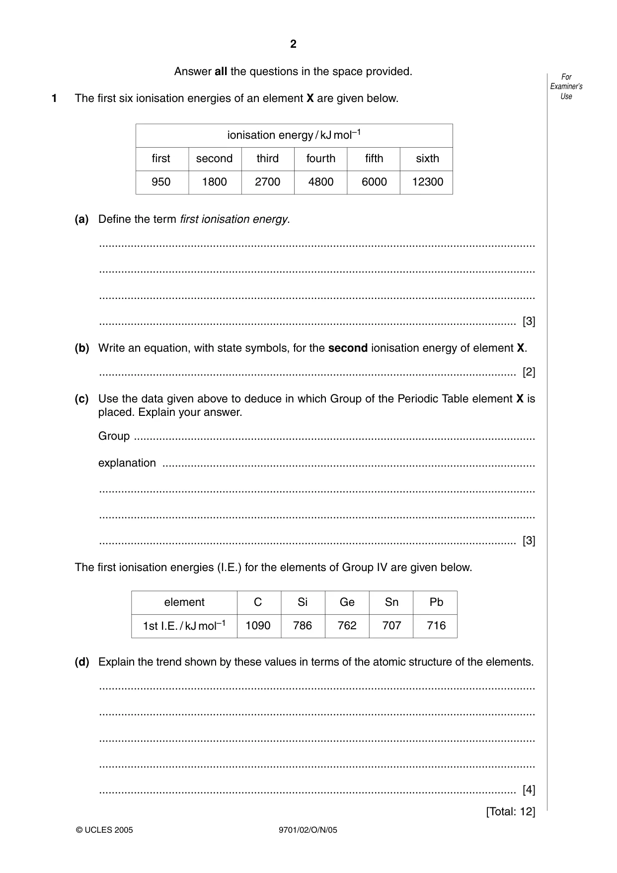 Cambridge A Level Chemistry 9701 2005 Oct/Nov Paper 2 · Variant 1 question paper, page 2 of 12