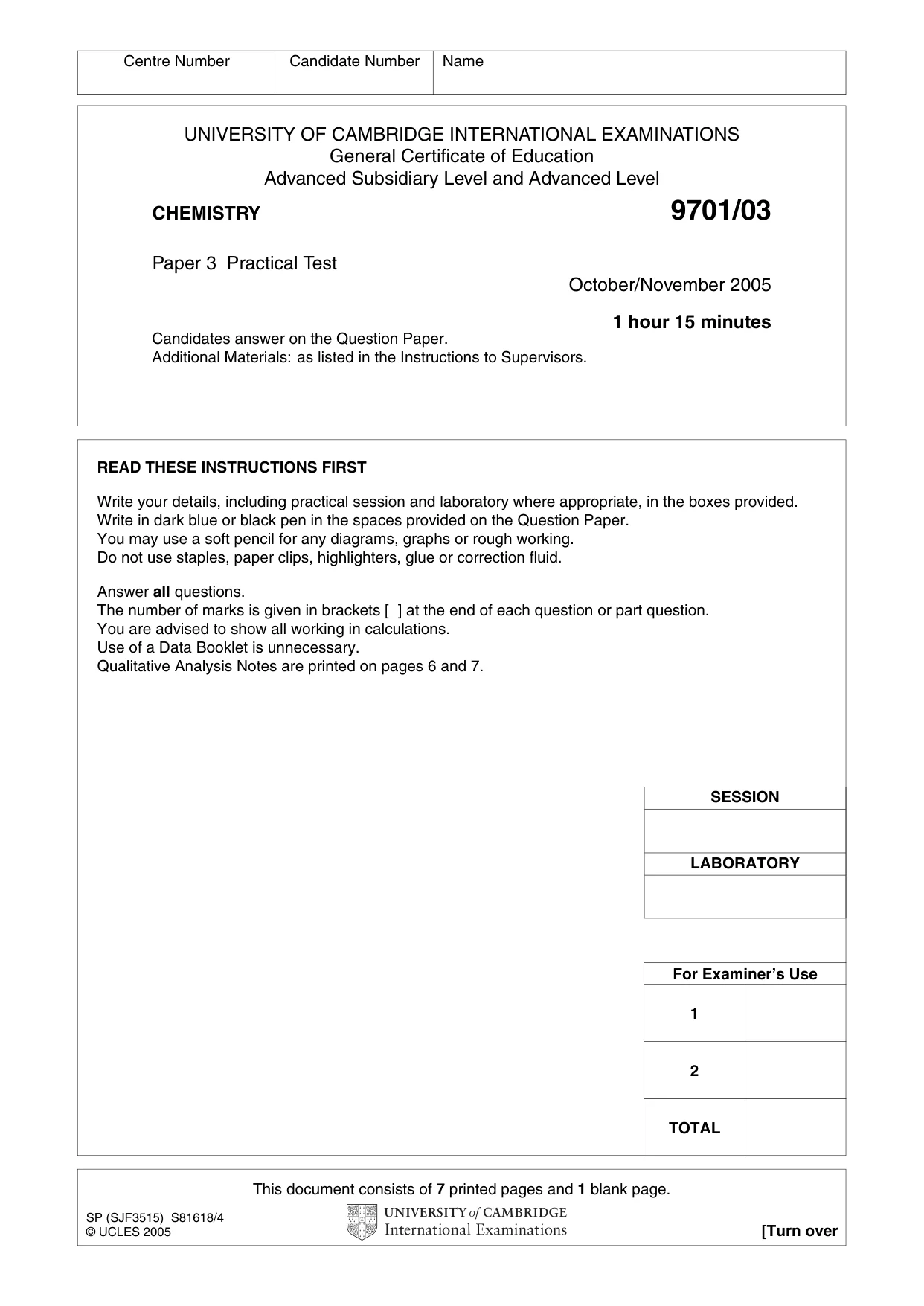 Cambridge A Level Chemistry 9701 2005 Oct/Nov Paper 3 · Variant 1 question paper, page 1 of 8