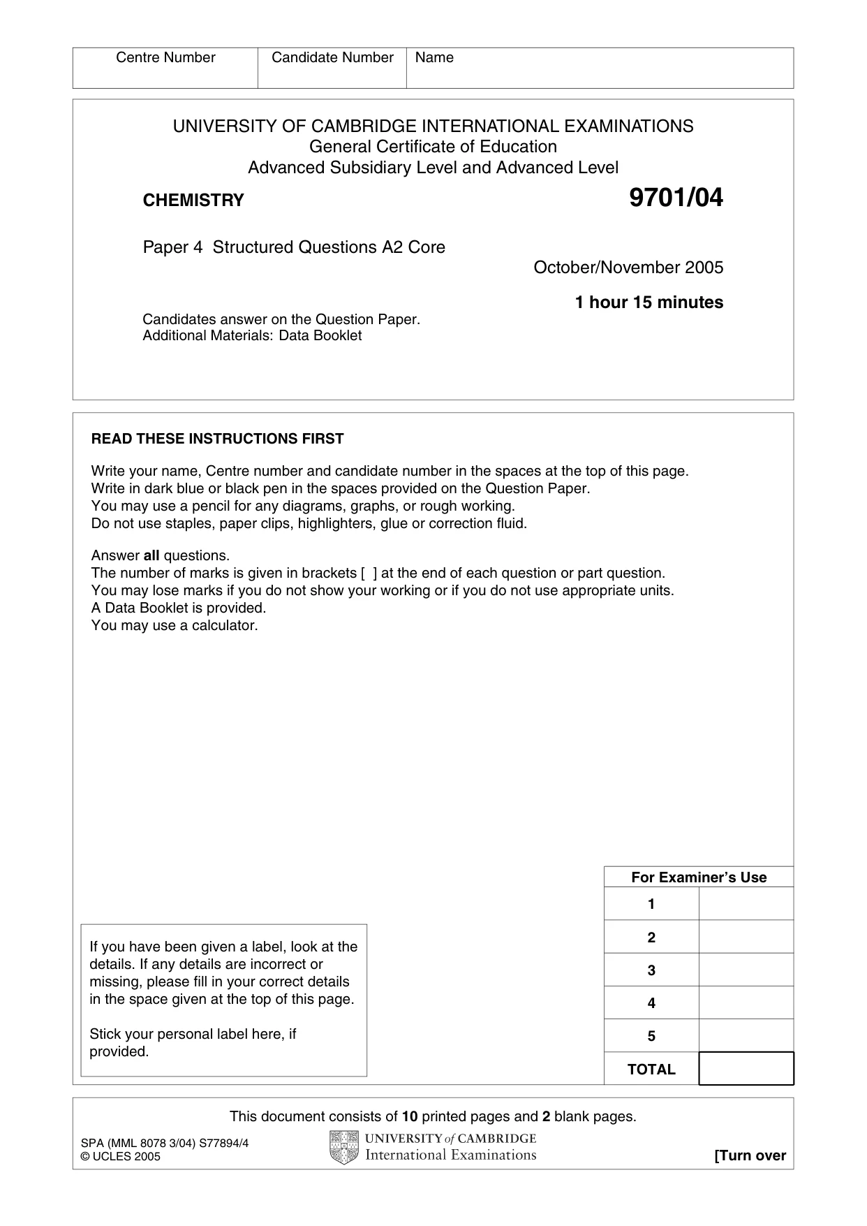 Cambridge A Level Chemistry 9701 2005 Oct/Nov Paper 4 · Variant 1 question paper, page 1 of 12