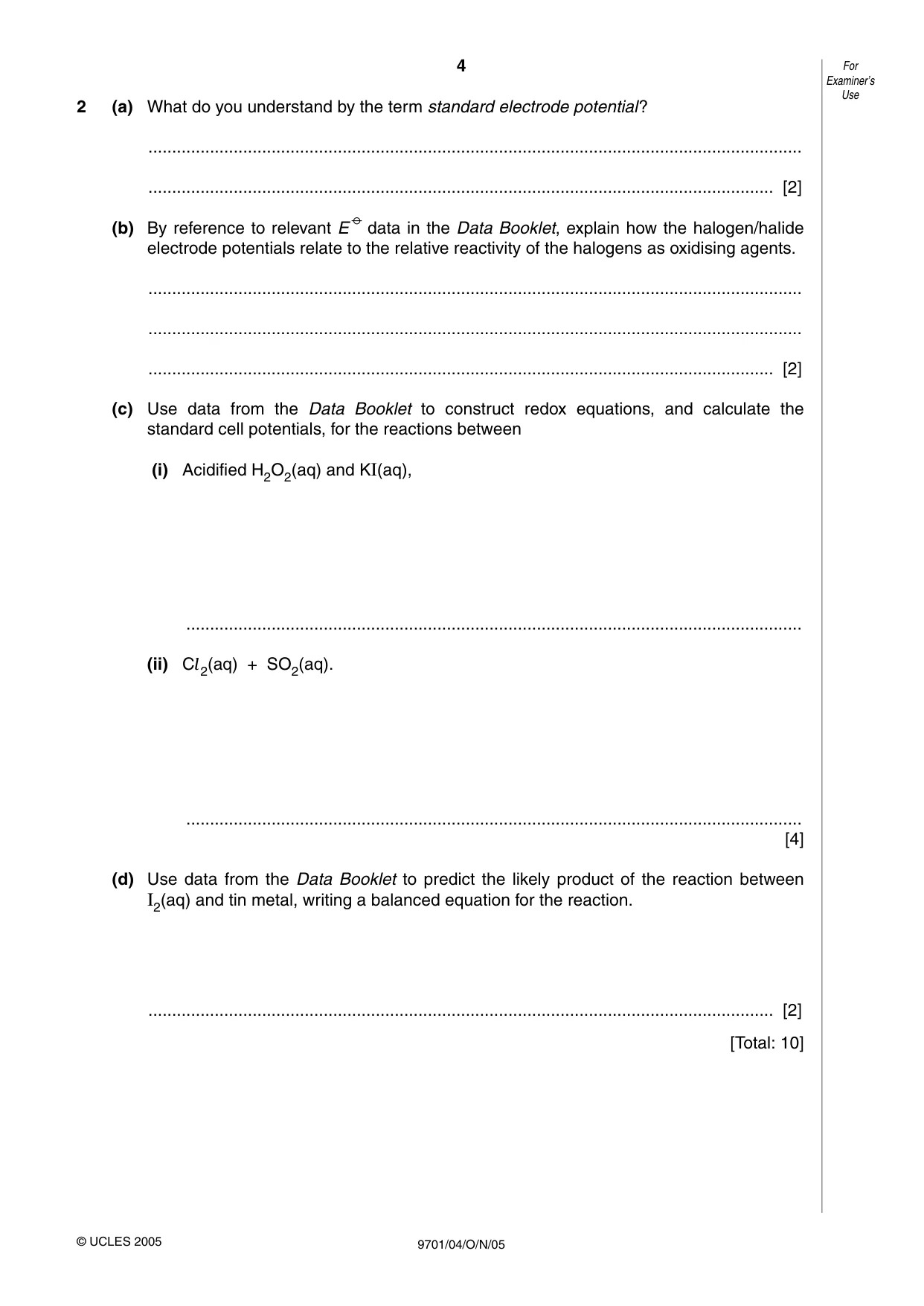 Cambridge A Level Chemistry 9701 2005 Oct/Nov Paper 4 · Variant 1 question paper, page 4 of 12