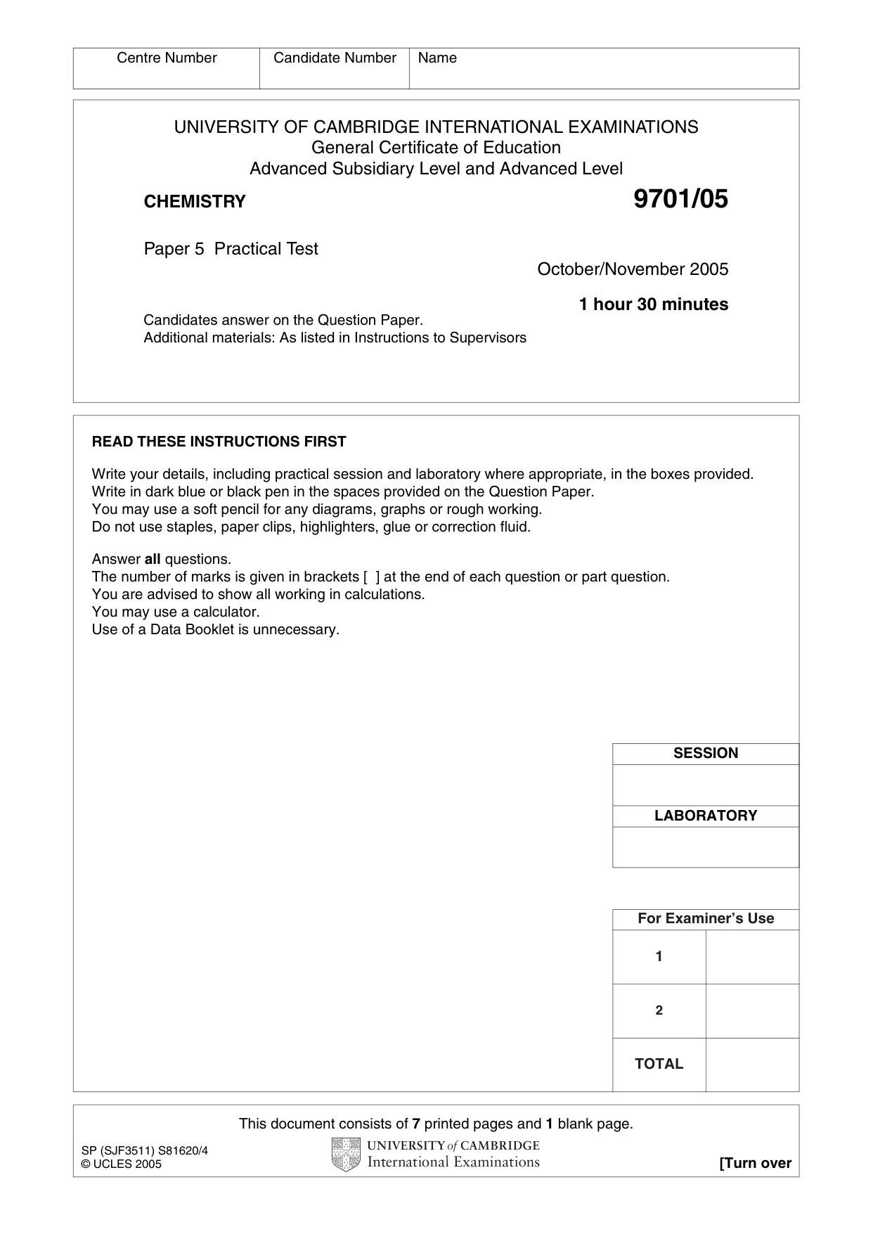 Cambridge A Level Chemistry 9701 2005 Oct/Nov Paper 5 · Variant 1 question paper, page 1 of 8