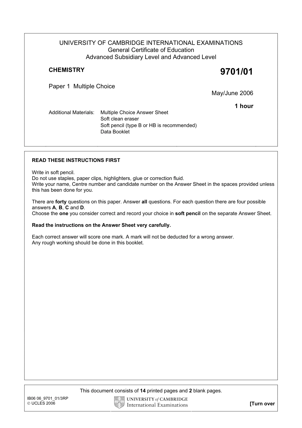 Cambridge A Level Chemistry 9701 2006 May/June Paper 1 · Variant 1 question paper, page 1 of 16