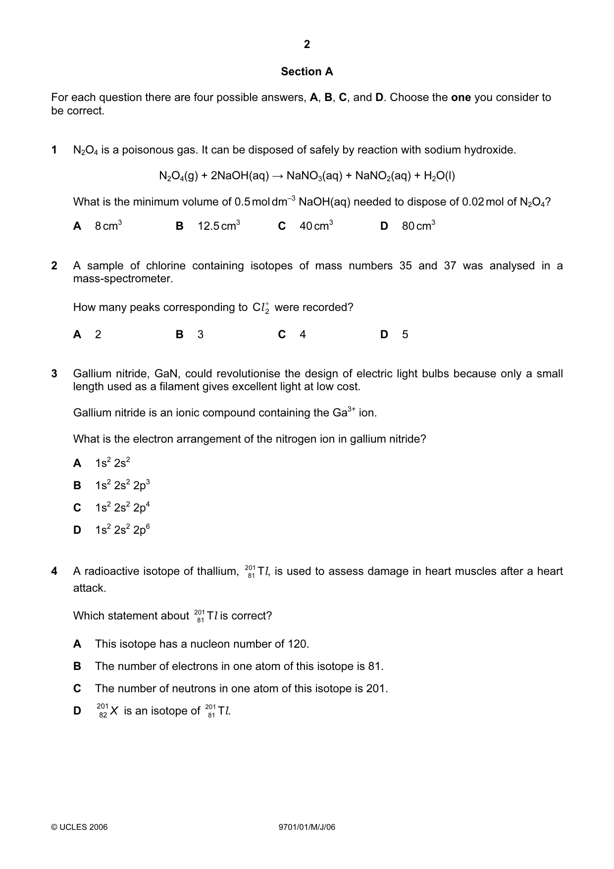 Cambridge A Level Chemistry 9701 2006 May/June Paper 1 · Variant 1 question paper, page 2 of 16