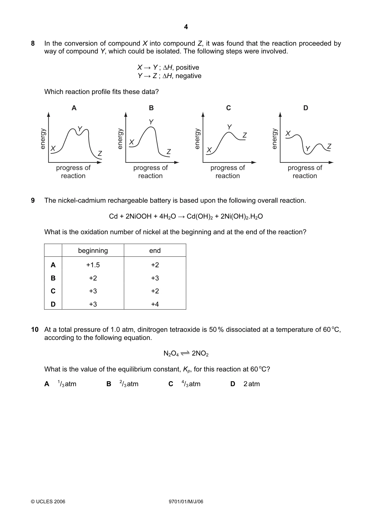 Cambridge A Level Chemistry 9701 2006 May/June Paper 1 · Variant 1 question paper, page 4 of 16