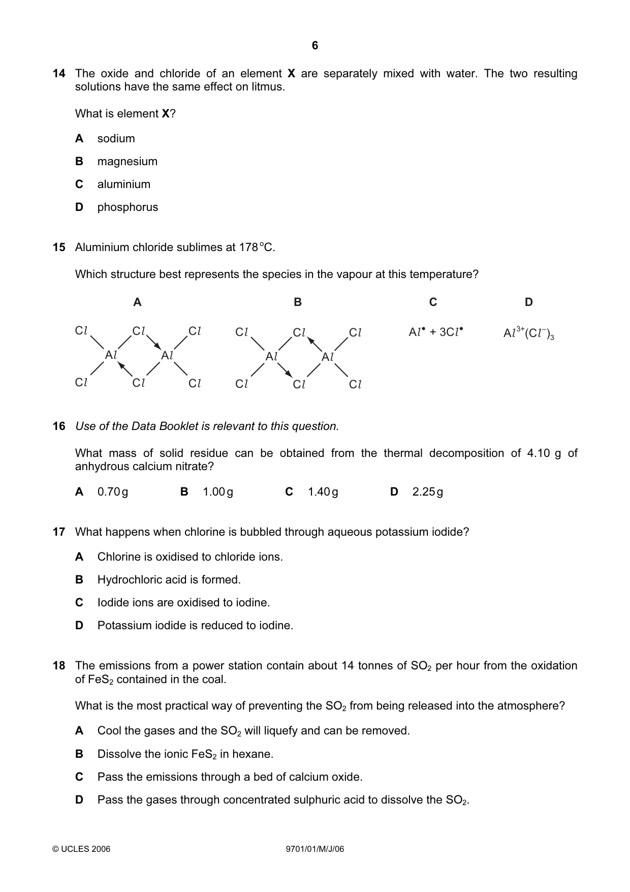 Cambridge A Level Chemistry 9701 2006 May/June Paper 1 · Variant 1 question paper, page 6 of 16