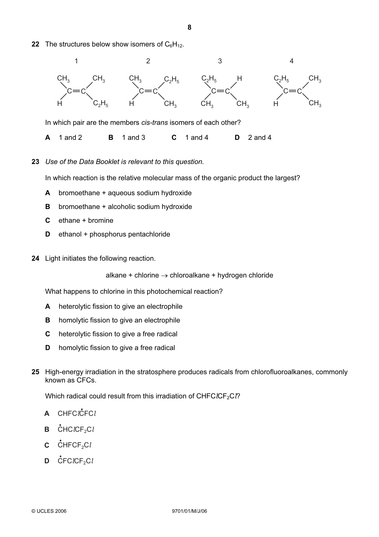 Cambridge A Level Chemistry 9701 2006 May/June Paper 1 · Variant 1 question paper, page 8 of 16