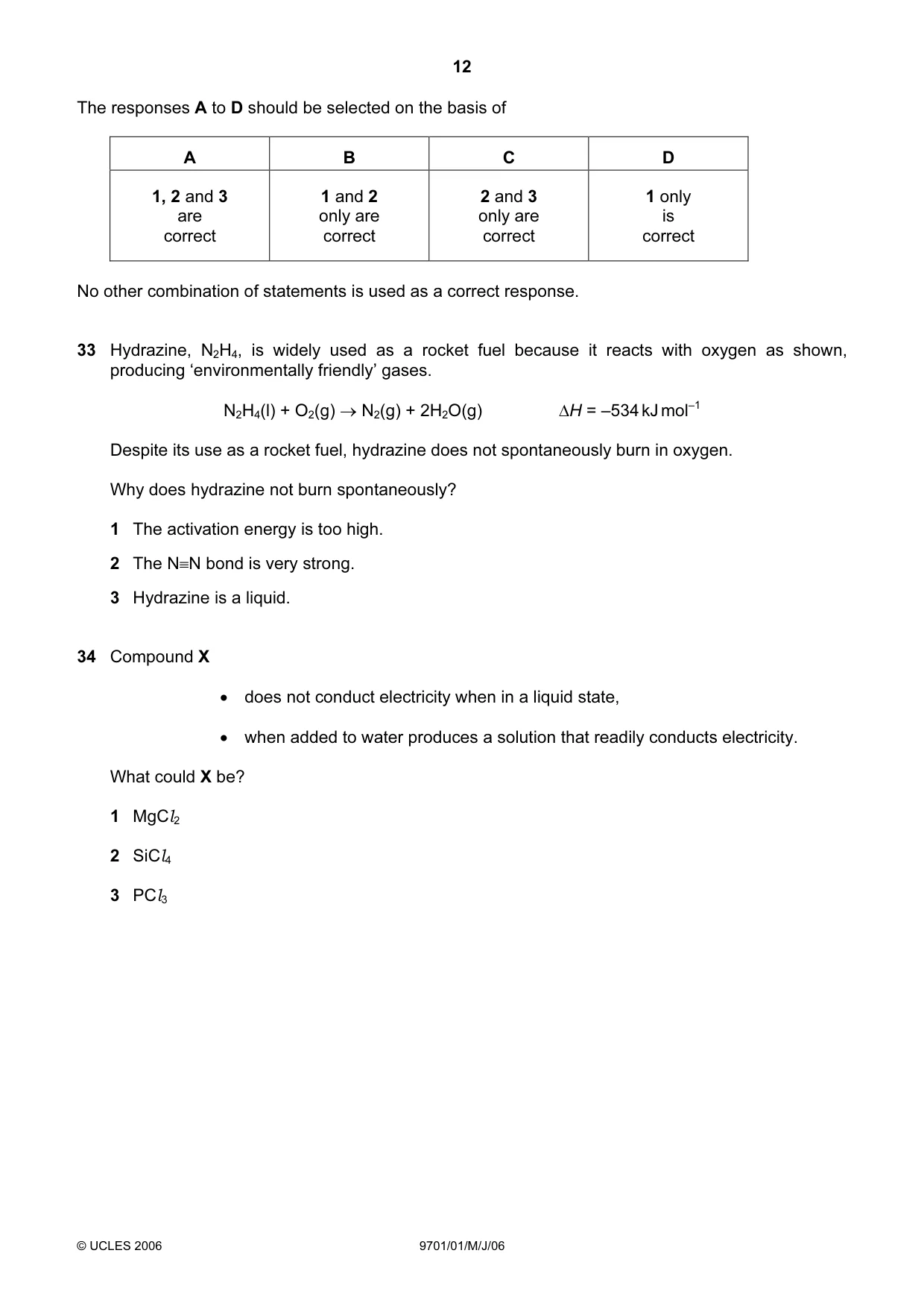 Cambridge A Level Chemistry 9701 2006 May/June Paper 1 · Variant 1 question paper, page 12 of 16