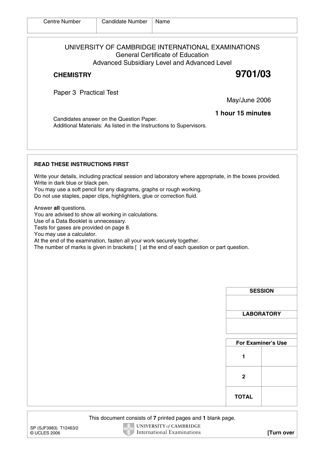 Cambridge A Level Chemistry 9701 2006 May/June Paper 3 · Variant 1 question paper, page 1 of 8