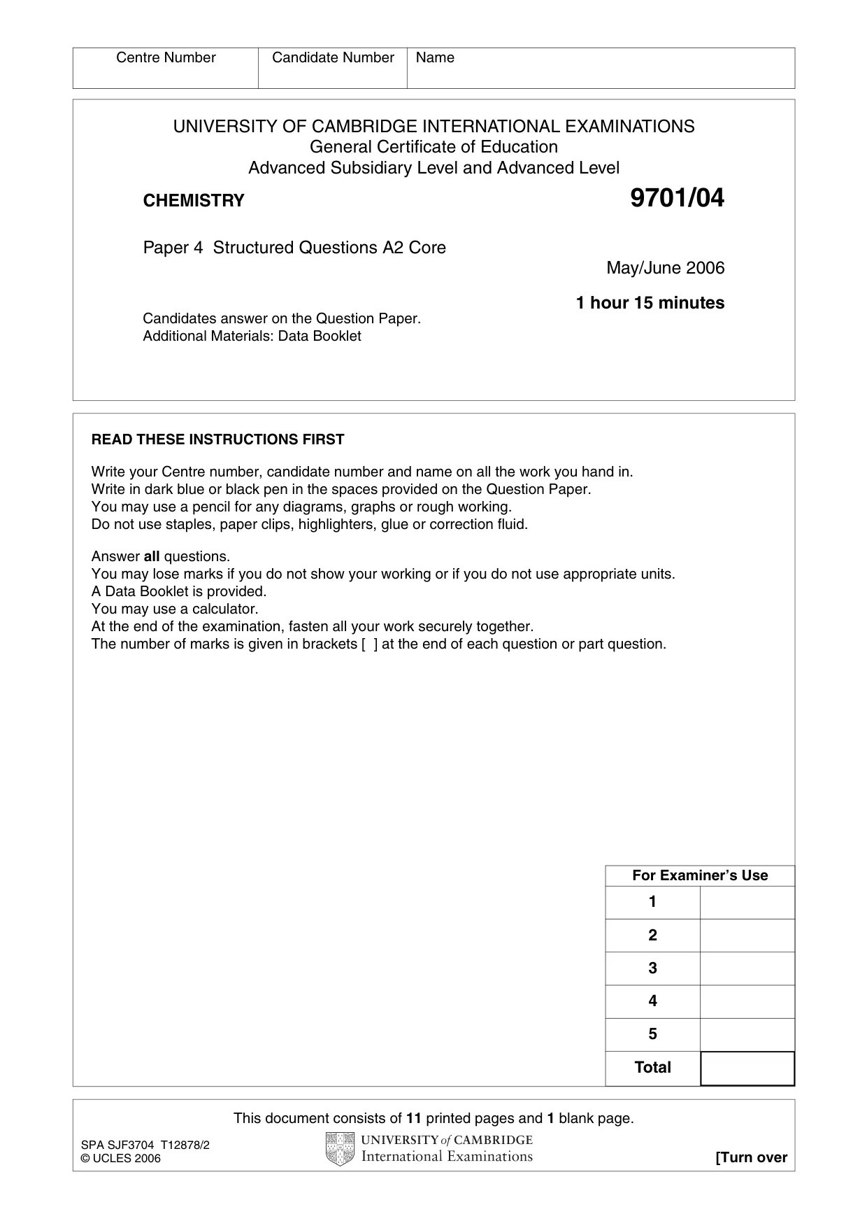 Cambridge A Level Chemistry 9701 2006 May/June Paper 4 · Variant 1 question paper, page 1 of 12