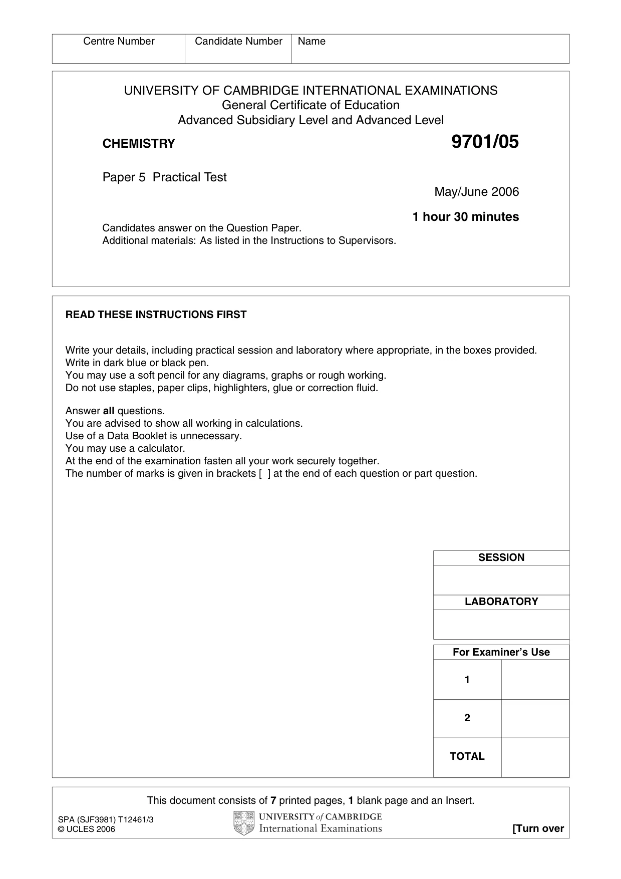 Cambridge A Level Chemistry 9701 2006 May/June Paper 5 · Variant 1 question paper, page 1 of 8