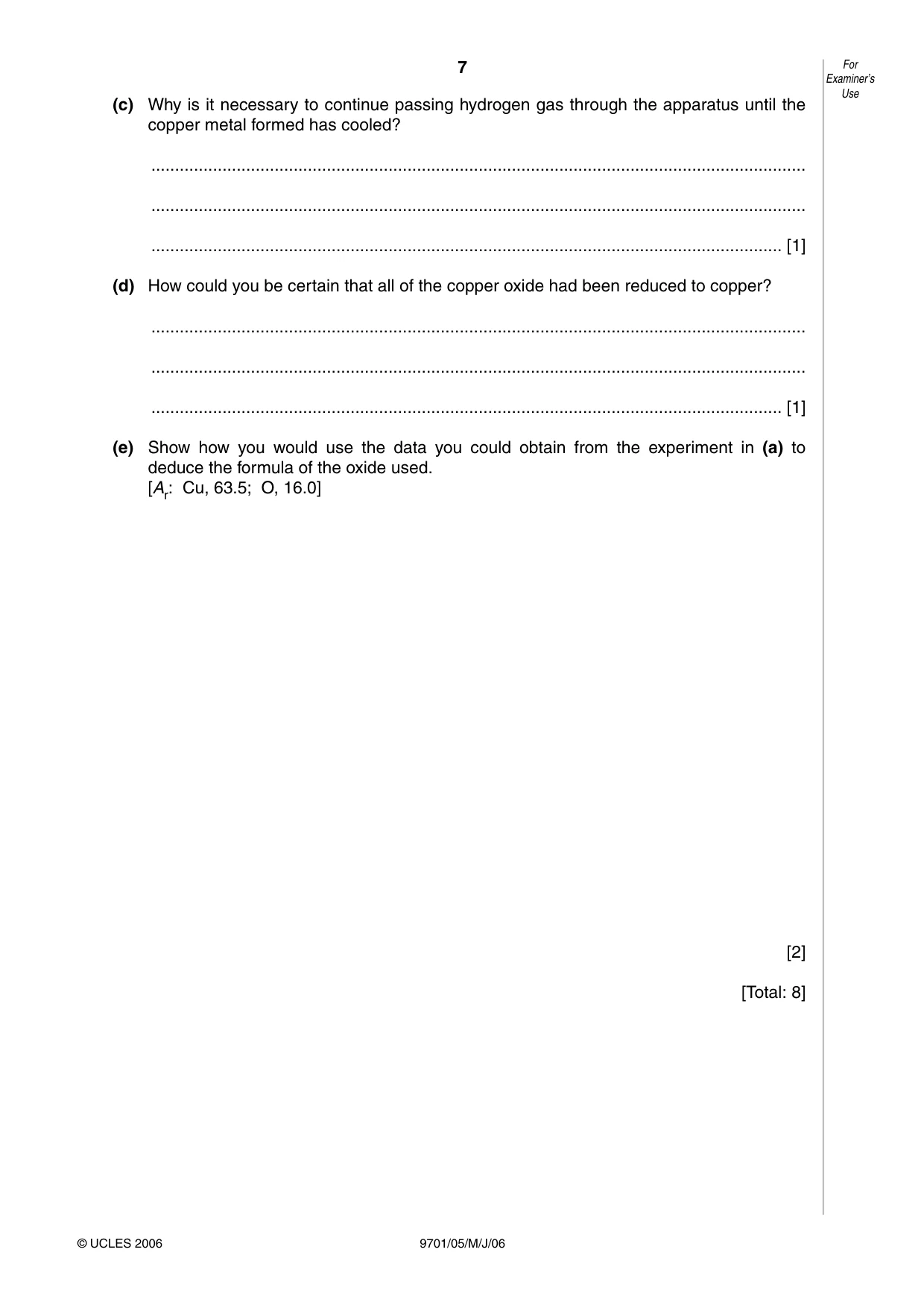 Cambridge A Level Chemistry 9701 2006 May/June Paper 5 · Variant 1 question paper, page 7 of 8
