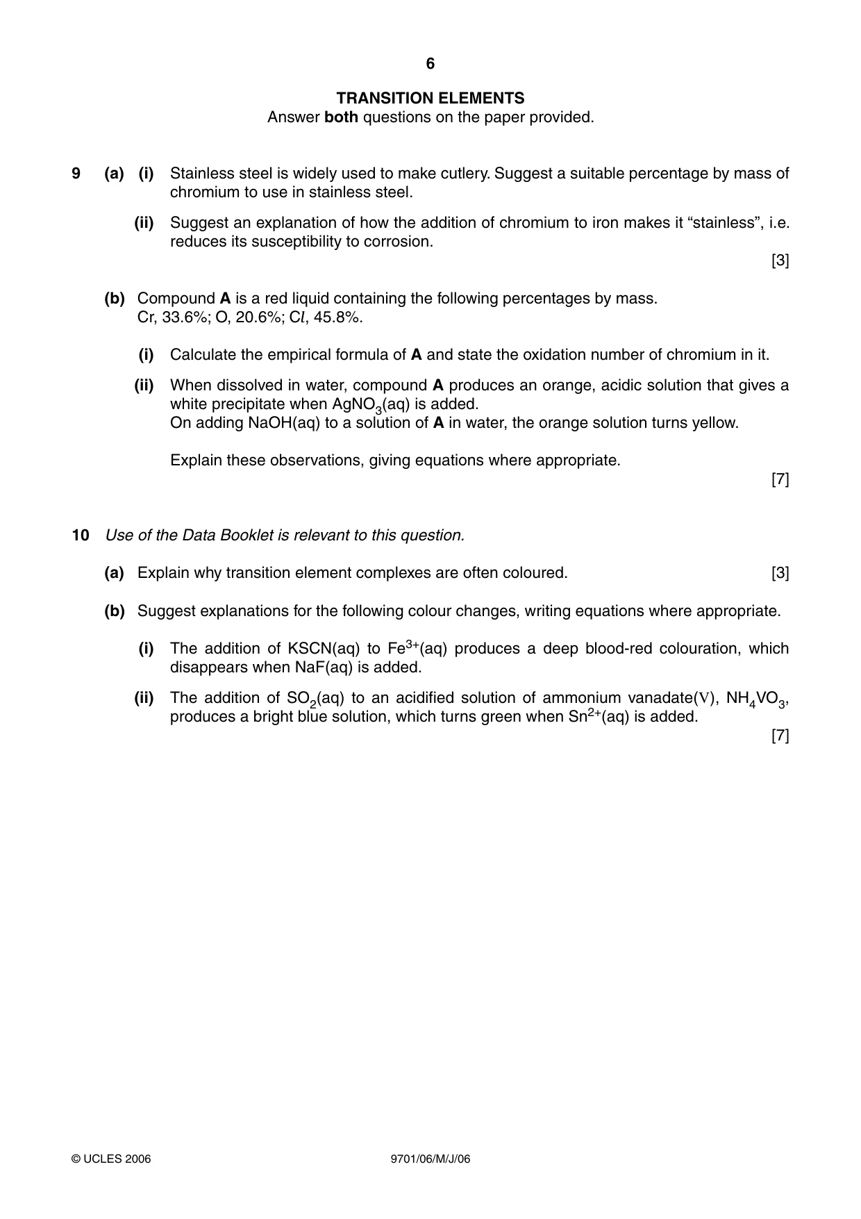 Cambridge A Level Chemistry 9701 2006 May/June Paper 6 · Variant 1 question paper, page 6 of 8