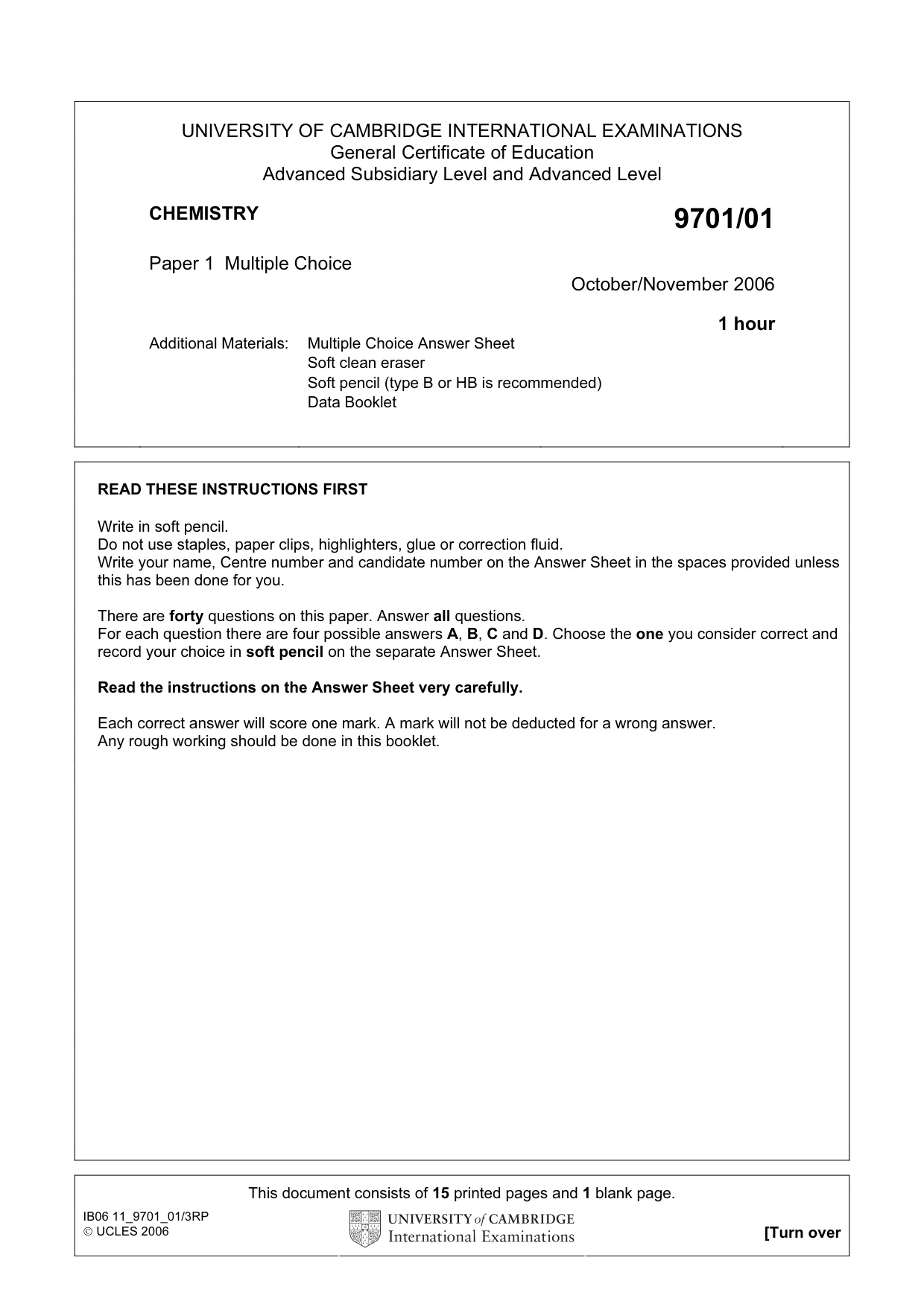 Cambridge A Level Chemistry 9701 2006 Oct/Nov Paper 1 · Variant 1 question paper, page 1 of 16
