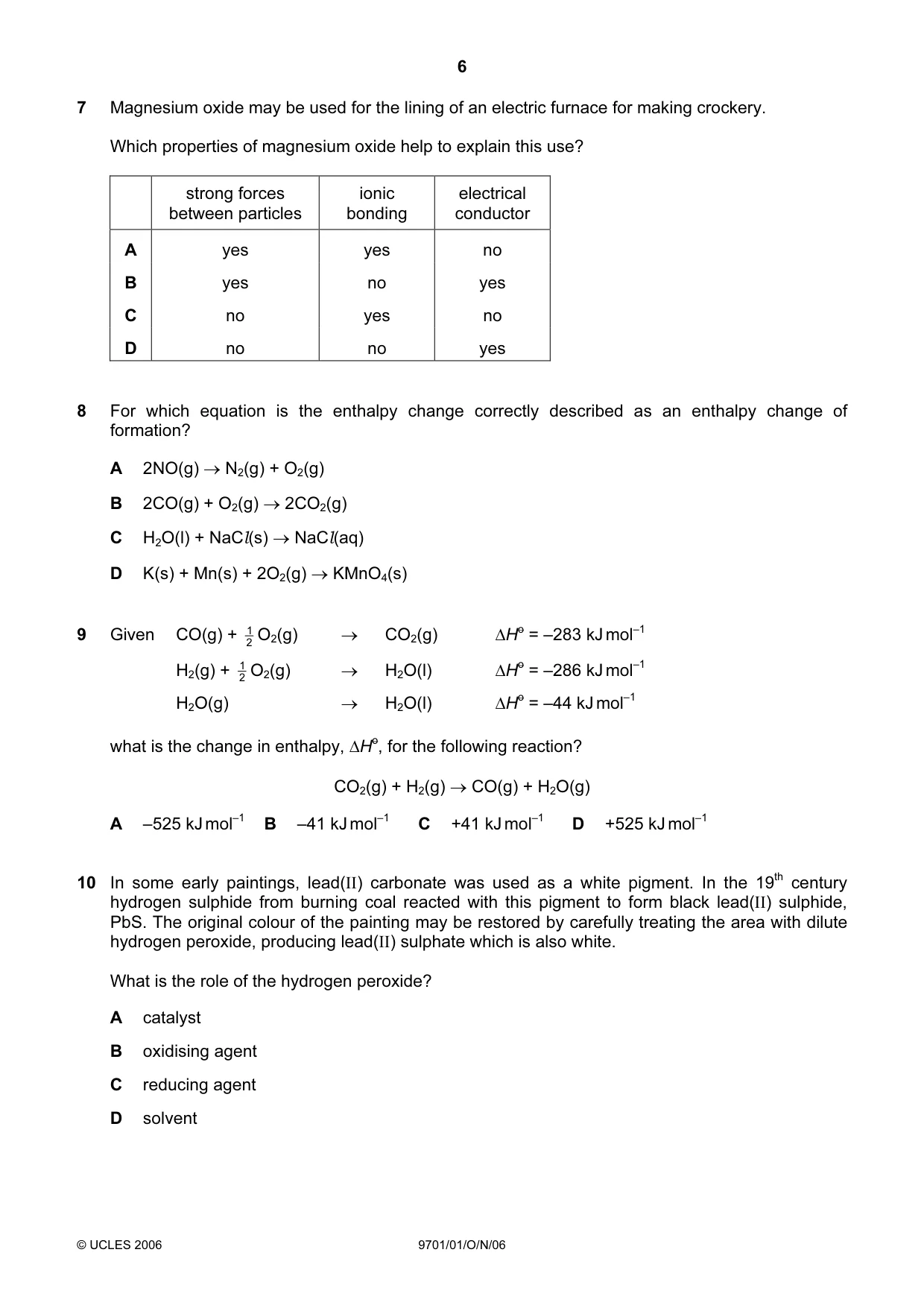 Cambridge A Level Chemistry 9701 2006 Oct/Nov Paper 1 · Variant 1 question paper, page 6 of 16