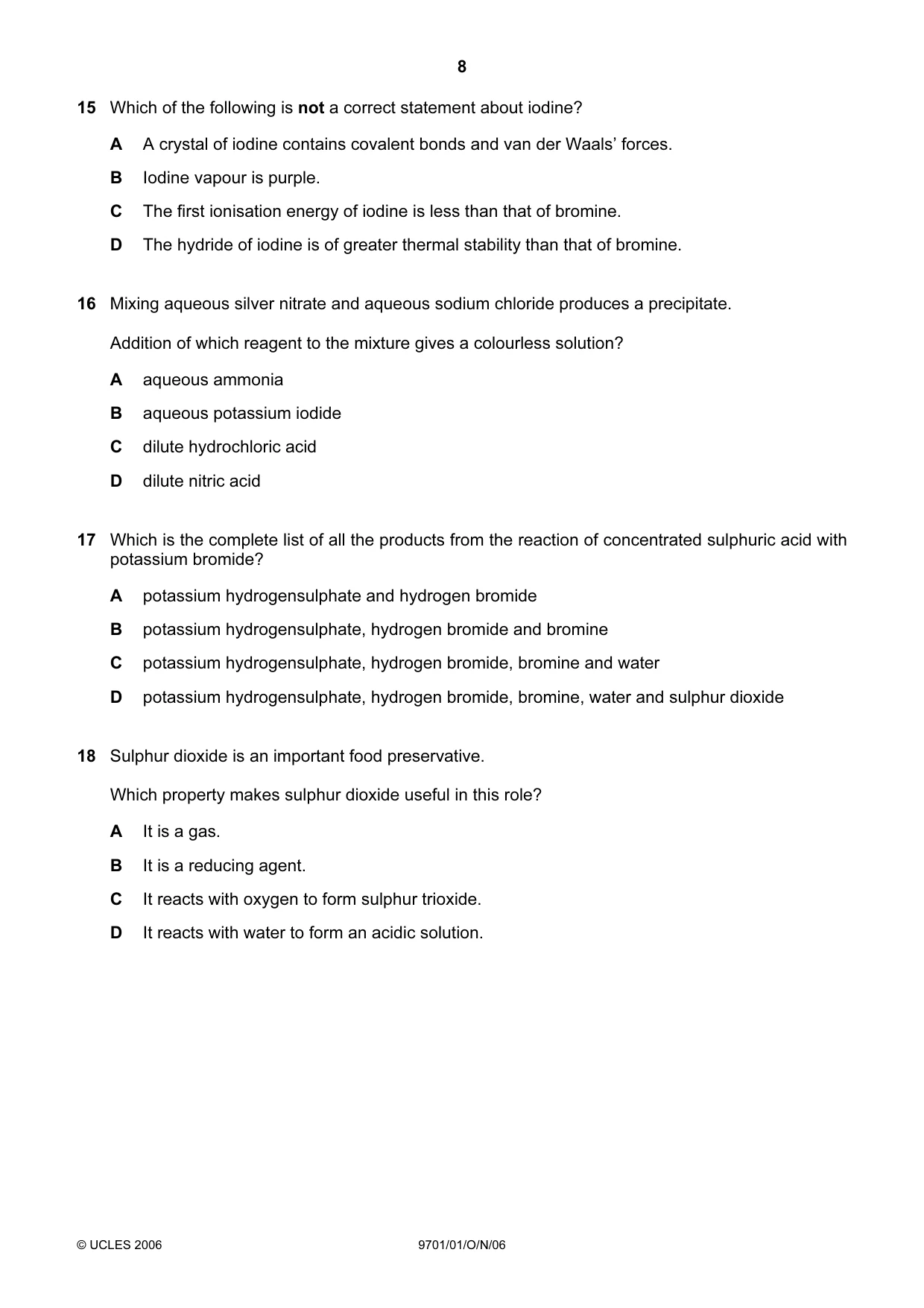 Cambridge A Level Chemistry 9701 2006 Oct/Nov Paper 1 · Variant 1 question paper, page 8 of 16