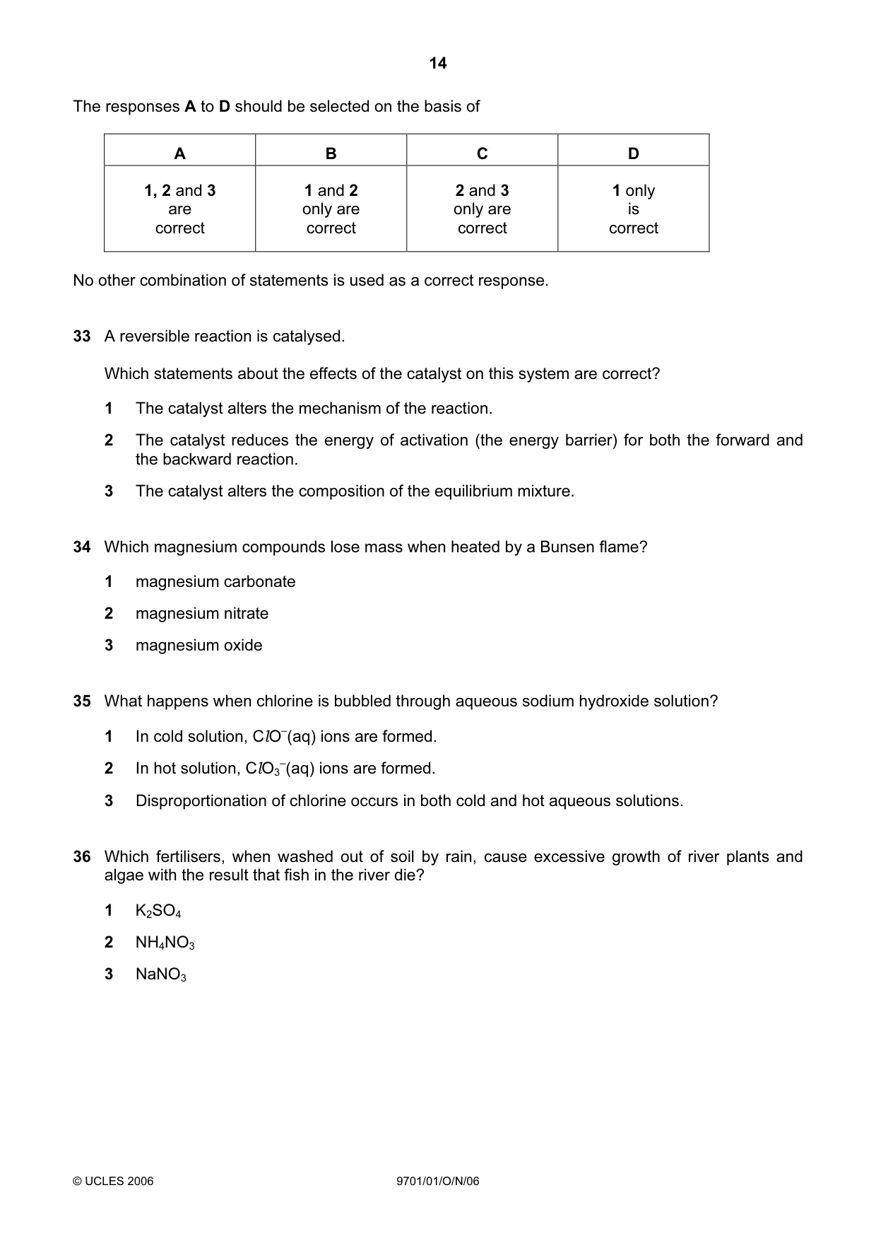 Cambridge A Level Chemistry 9701 2006 Oct/Nov Paper 1 · Variant 1 question paper, page 14 of 16