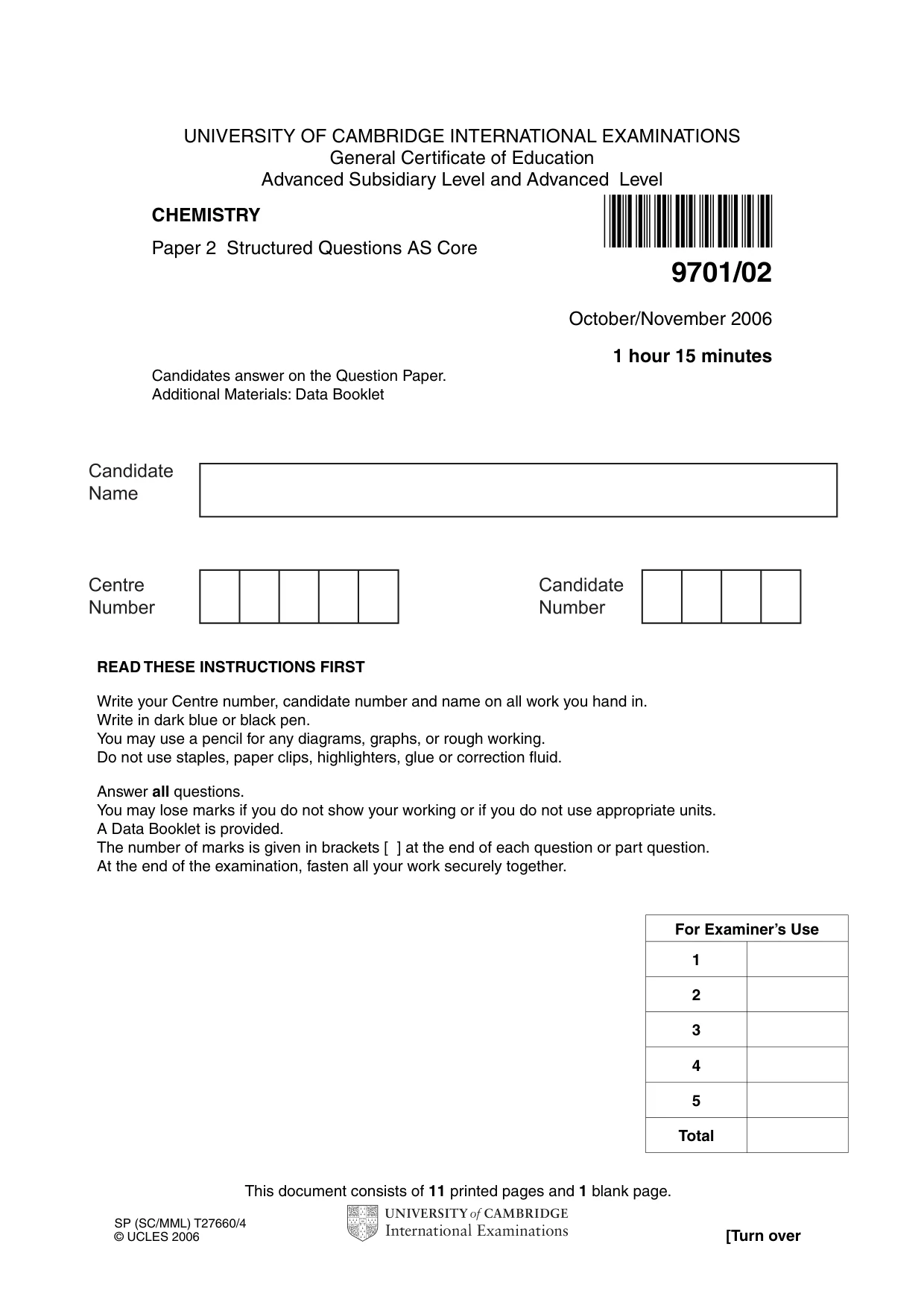 Cambridge A Level Chemistry 9701 2006 Oct/Nov Paper 2 · Variant 1 question paper, page 1 of 12