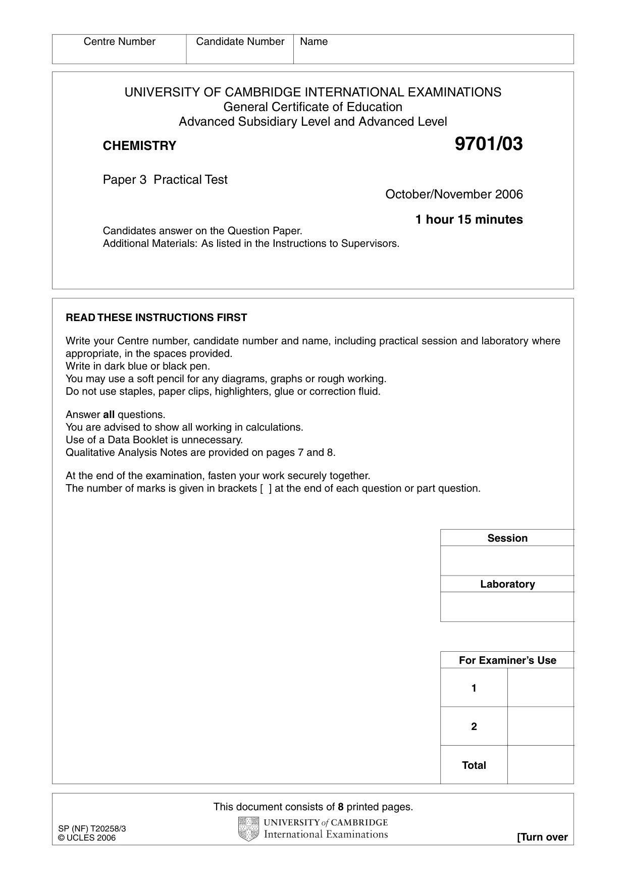 Cambridge A Level Chemistry 9701 2006 Oct/Nov Paper 3 · Variant 1 question paper, page 1 of 8