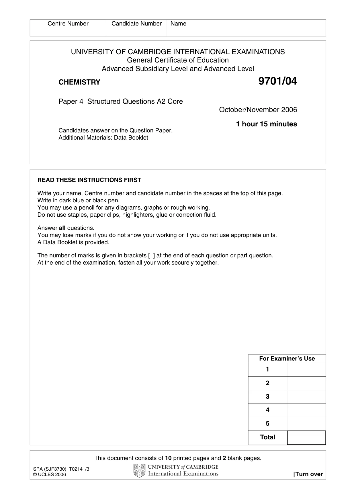 Cambridge A Level Chemistry 9701 2006 Oct/Nov Paper 4 · Variant 1 question paper, page 1 of 12