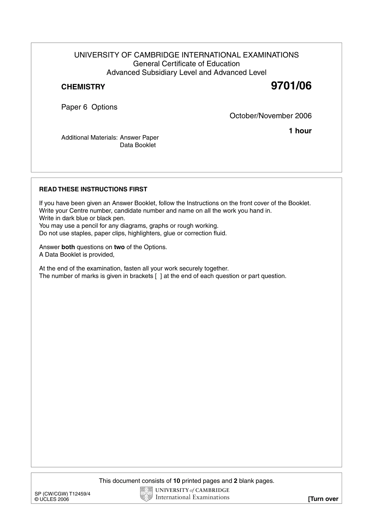 Cambridge A Level Chemistry 9701 2006 Oct/Nov Paper 6 · Variant 1 question paper, page 1 of 12
