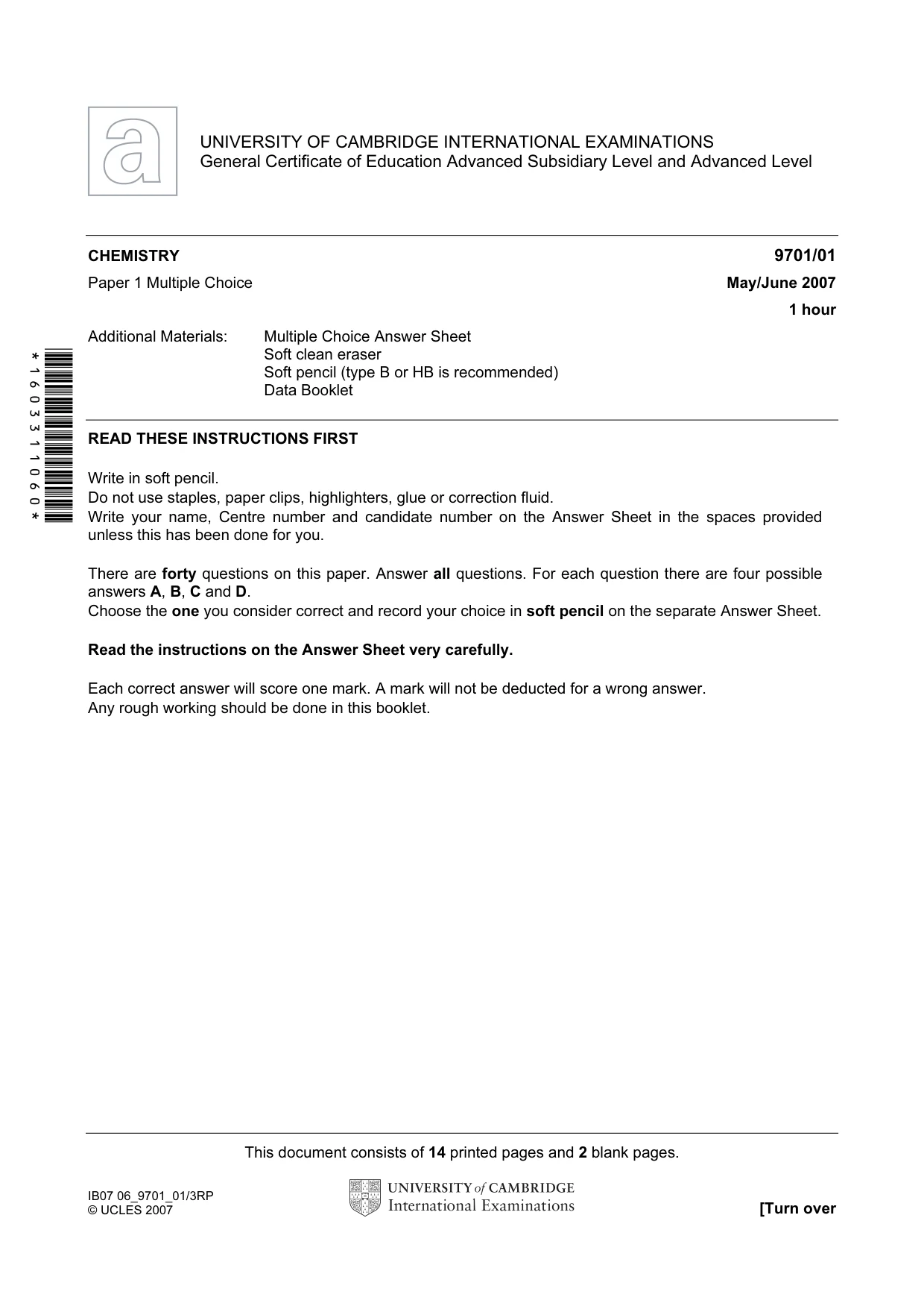 Cambridge A Level Chemistry 9701 2007 May/June Paper 1 · Variant 1 question paper, page 1 of 16