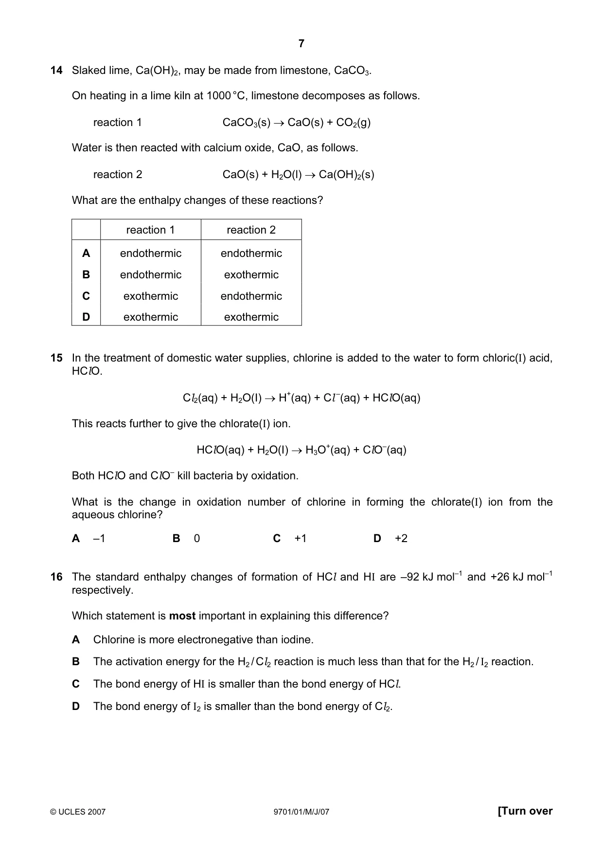 Cambridge A Level Chemistry 9701 2007 May/June Paper 1 · Variant 1 question paper, page 7 of 16