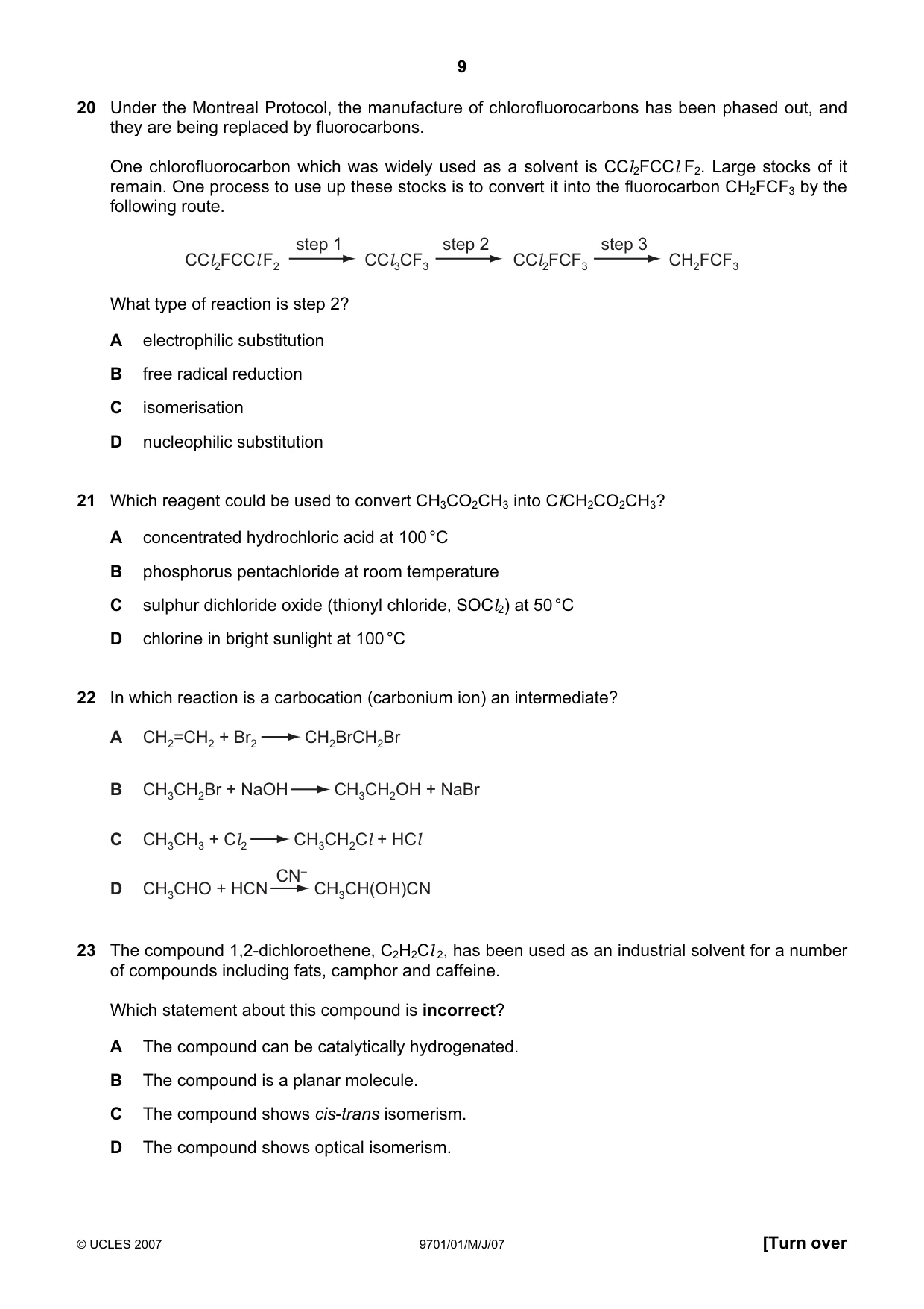 Cambridge A Level Chemistry 9701 2007 May/June Paper 1 · Variant 1 question paper, page 9 of 16