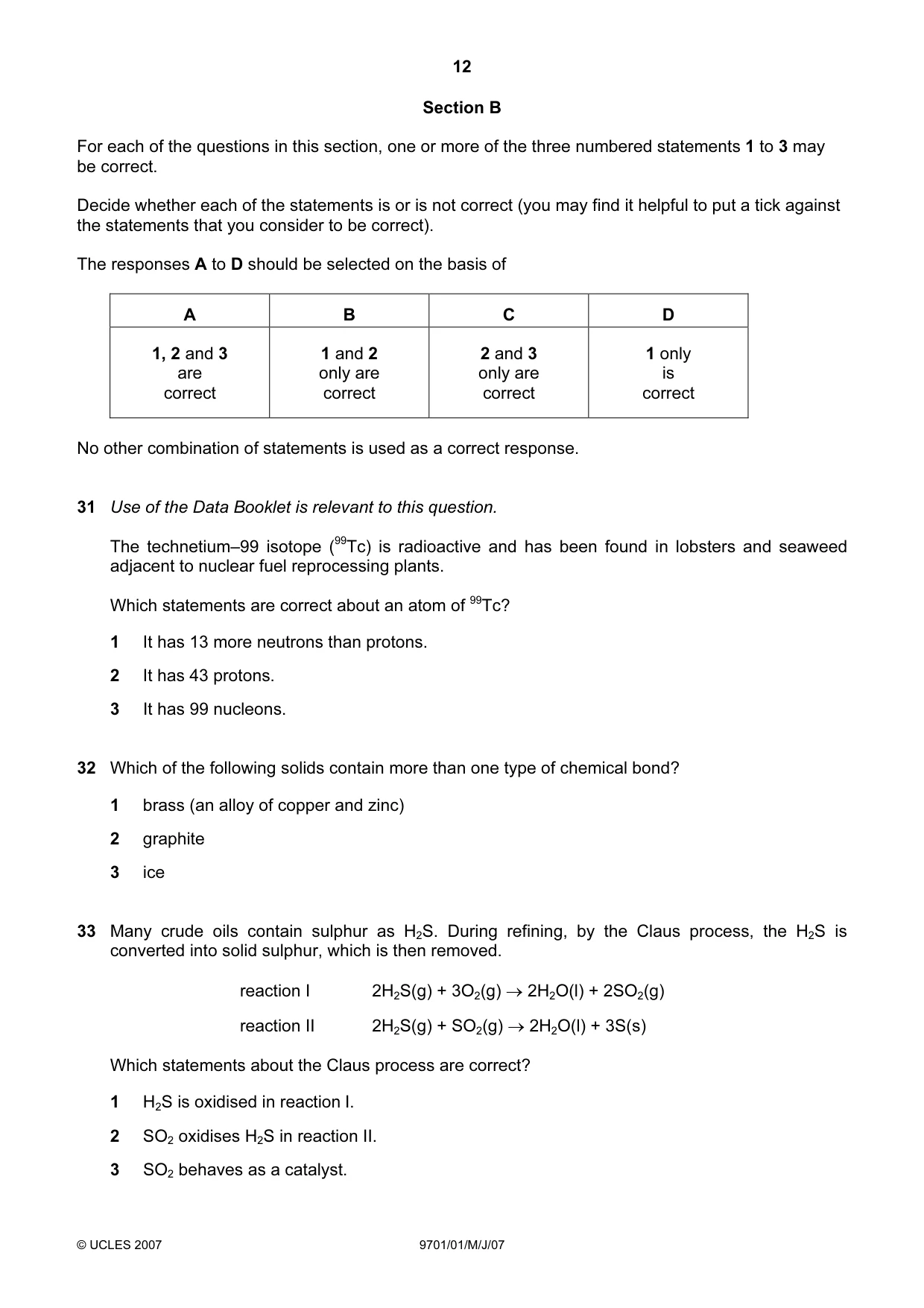 Cambridge A Level Chemistry 9701 2007 May/June Paper 1 · Variant 1 question paper, page 12 of 16