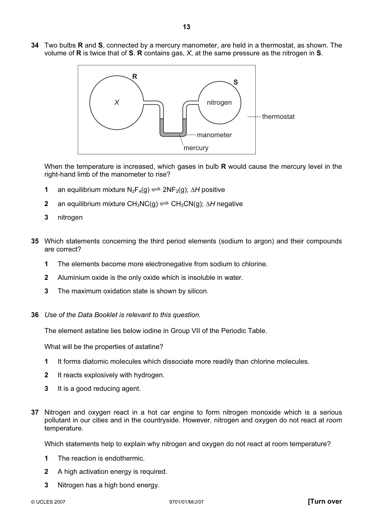 Cambridge A Level Chemistry 9701 2007 May/June Paper 1 · Variant 1 question paper, page 13 of 16
