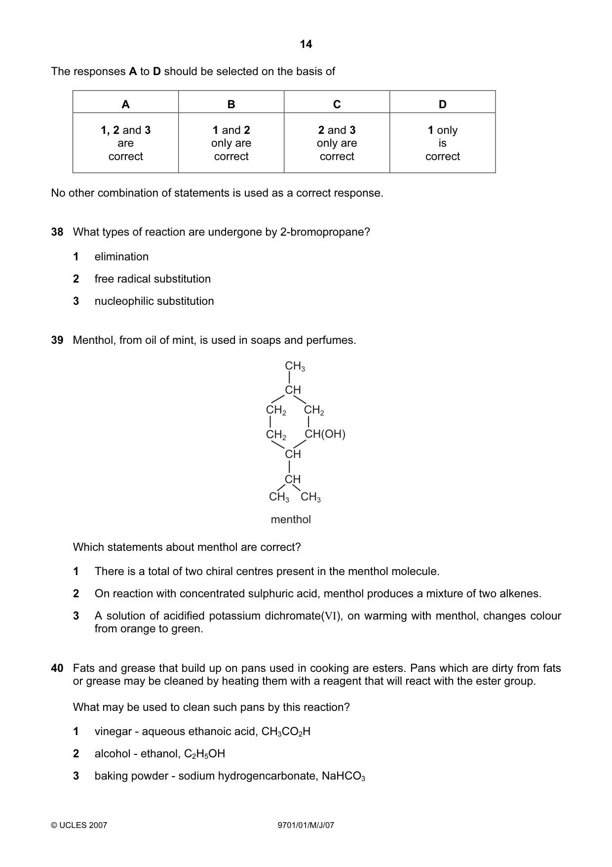 Cambridge A Level Chemistry 9701 2007 May/June Paper 1 · Variant 1 question paper, page 14 of 16