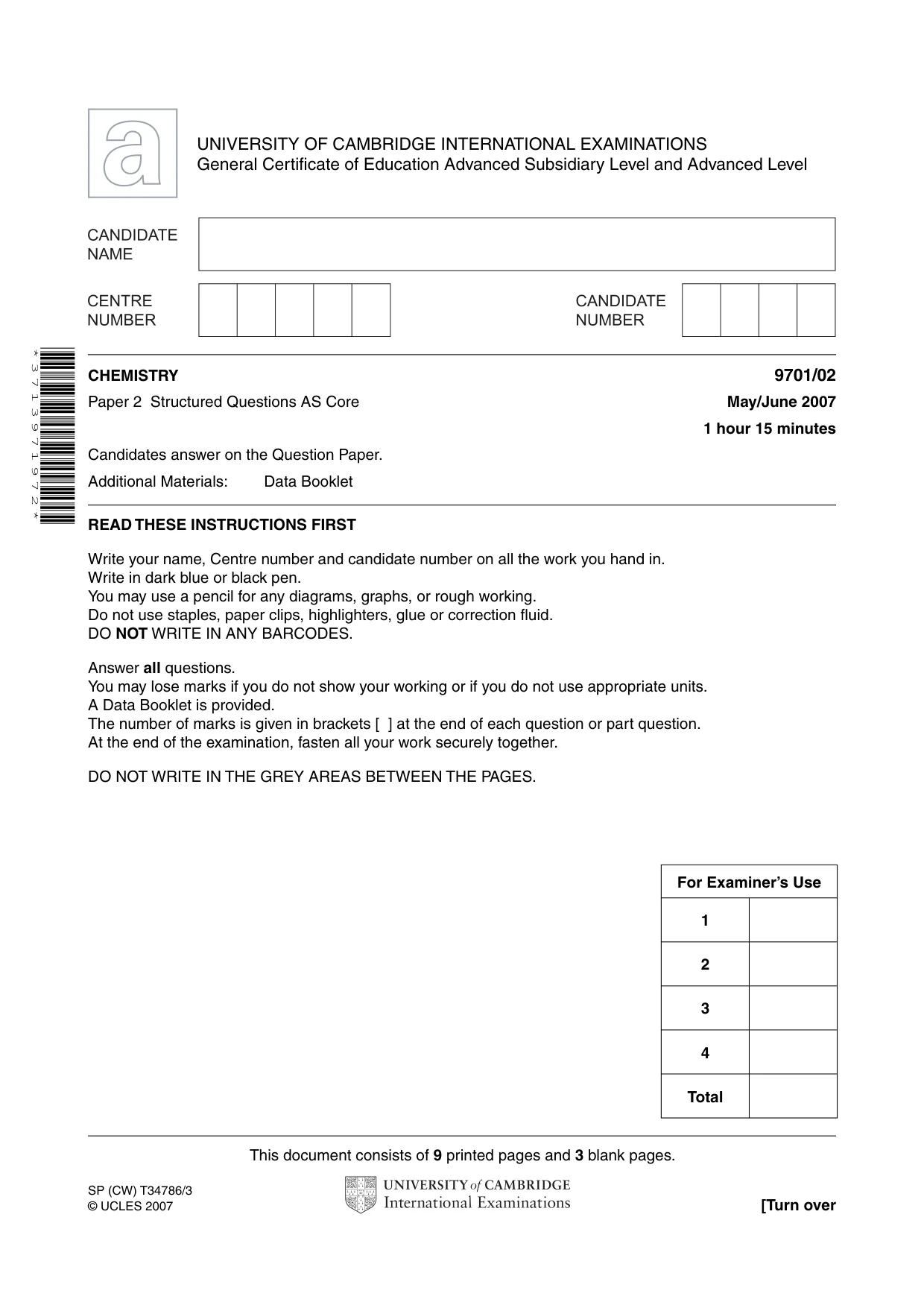 Cambridge A Level Chemistry 9701 2007 May/June Paper 2 · Variant 1 question paper, page 1 of 12