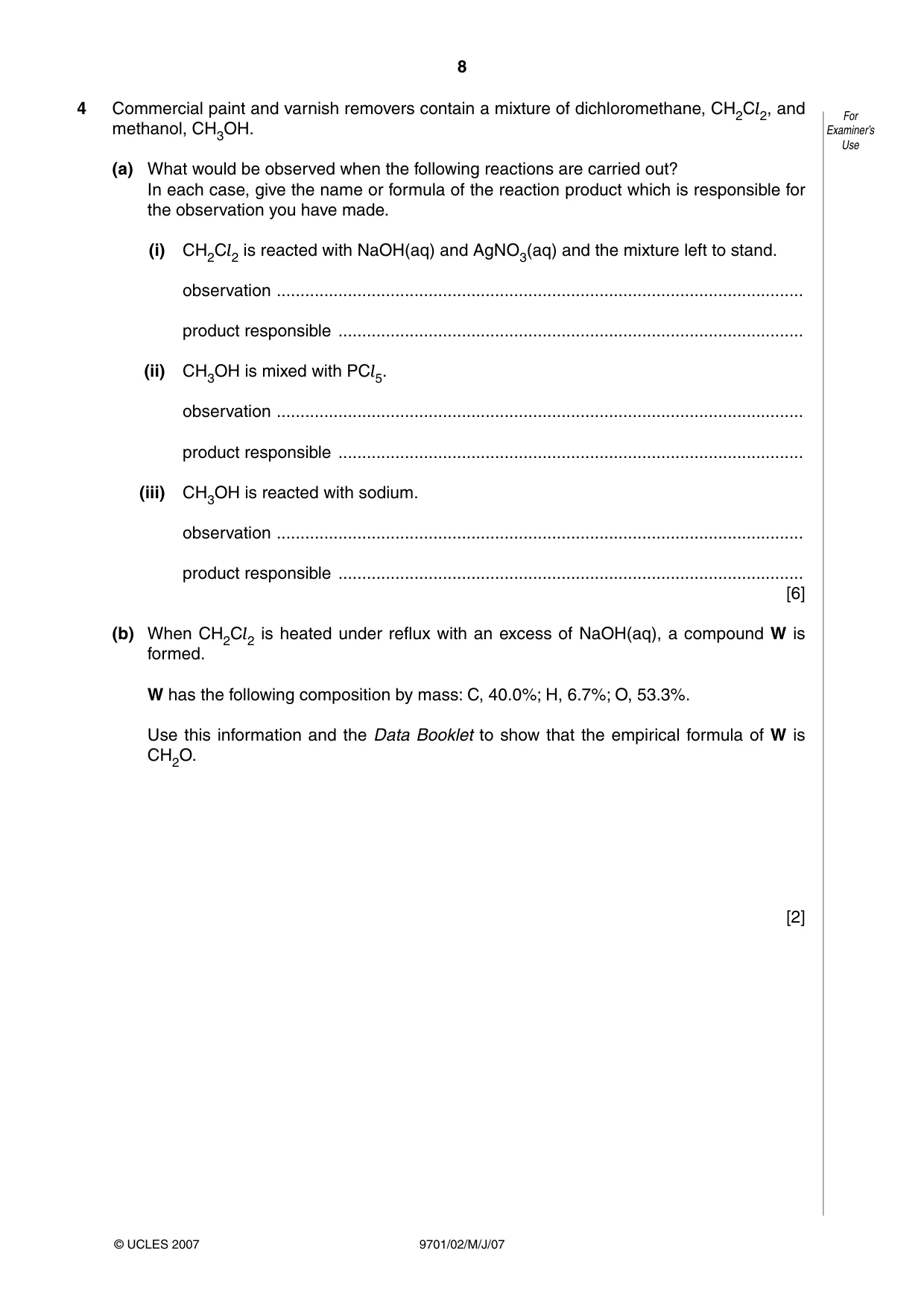 Cambridge A Level Chemistry 9701 2007 May/June Paper 2 · Variant 1 question paper, page 8 of 12