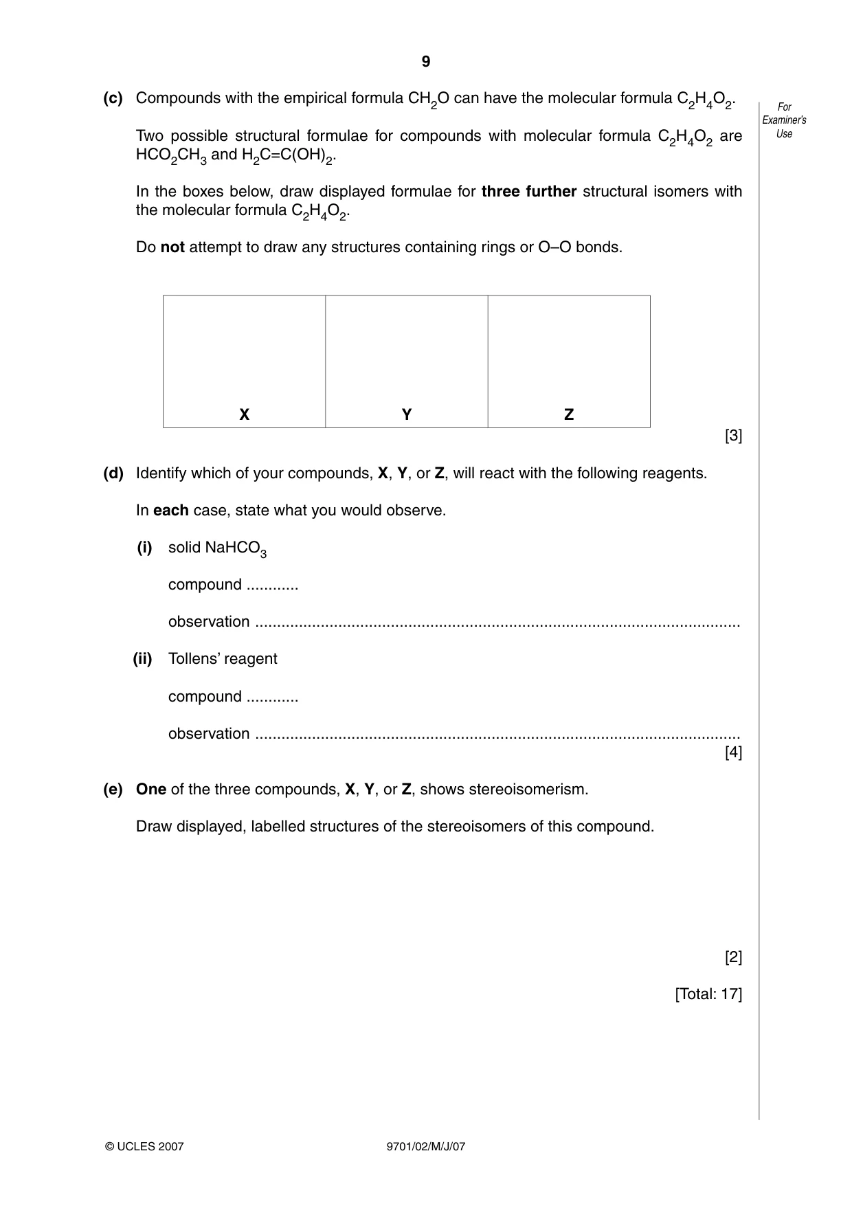 Cambridge A Level Chemistry 9701 2007 May/June Paper 2 · Variant 1 question paper, page 9 of 12