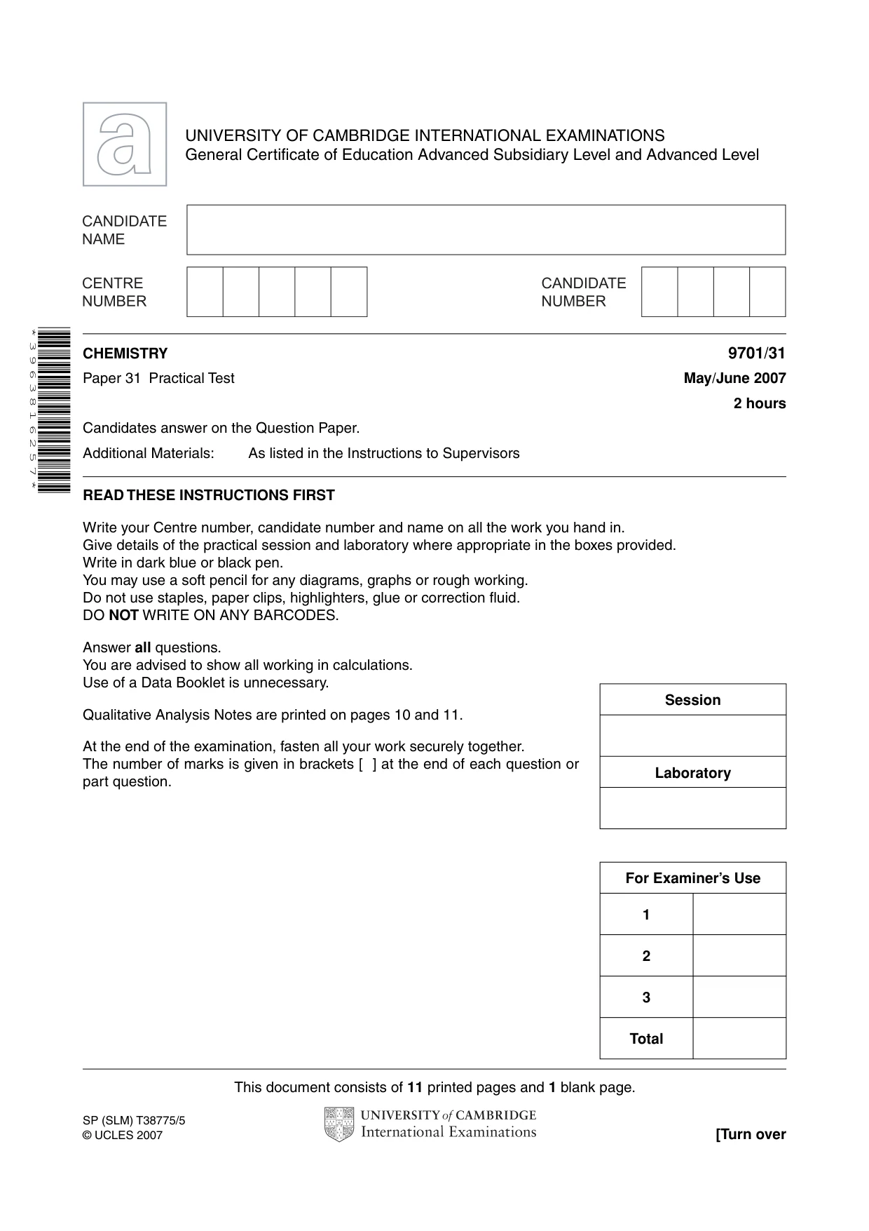 Cambridge A Level Chemistry 9701 2007 May/June Paper 3 · Variant 1 question paper, page 1 of 12