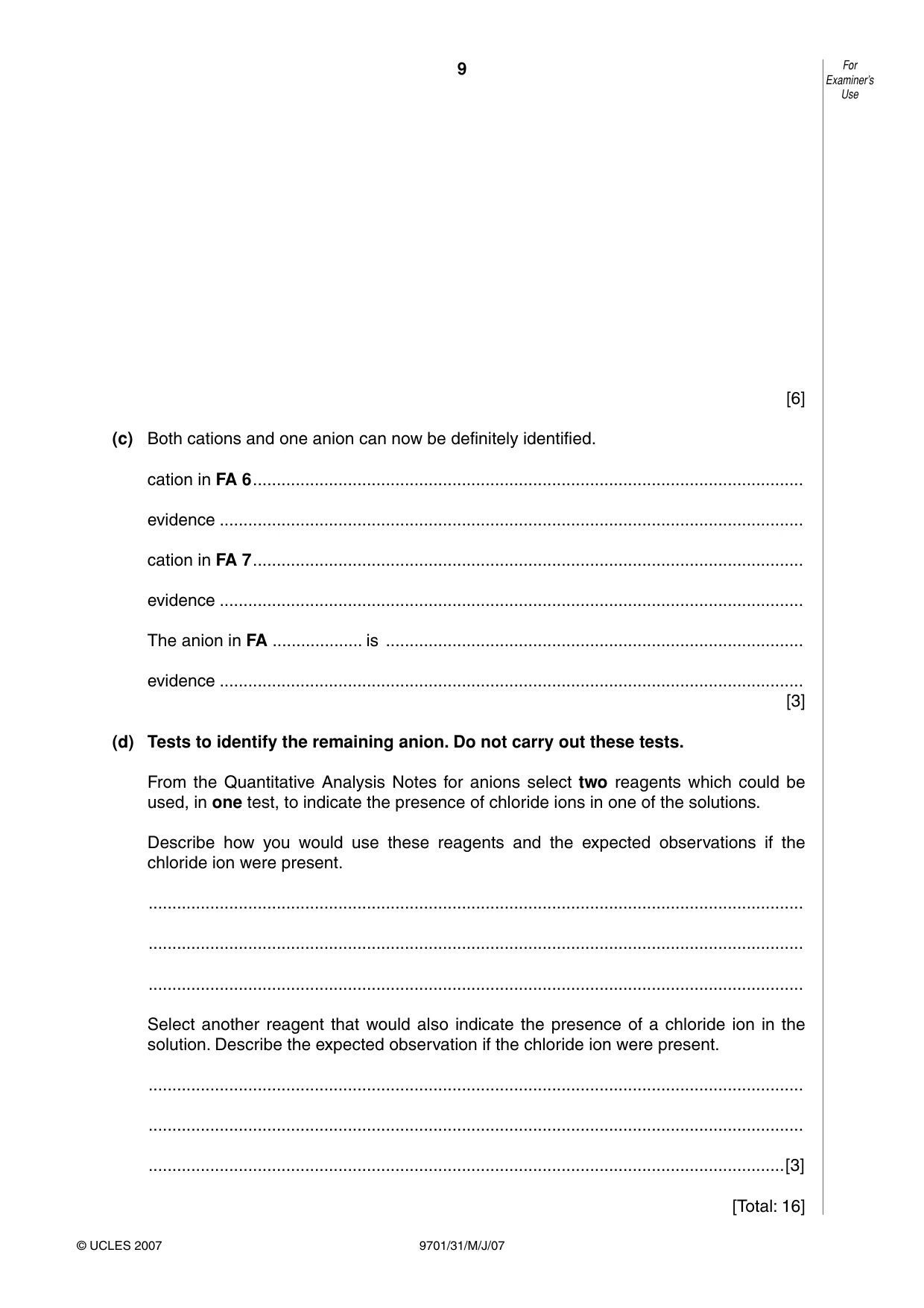 Cambridge A Level Chemistry 9701 2007 May/June Paper 3 · Variant 1 question paper, page 9 of 12